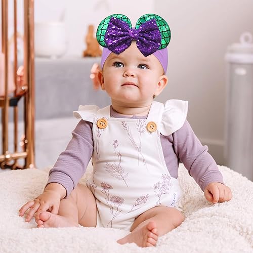 Miniatura 25 de 2 diademas grandes de orejas de ratón para bebé niña con lazo de lentejuelas, diadema ancha de nailon turbante, diadema de parque temático, diadema