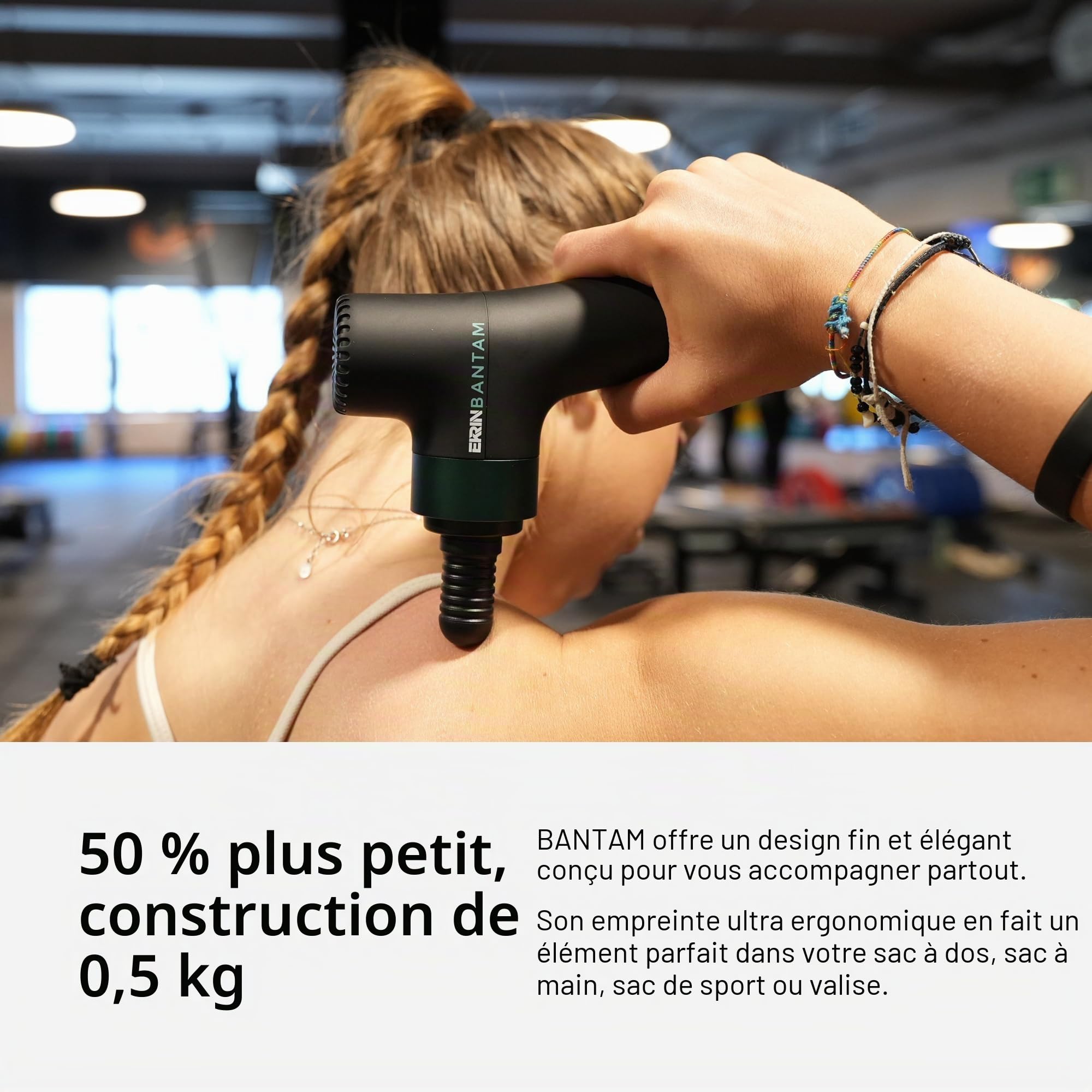 Ekrin Athletics Bantam Mini pistolet de massage à percussion fin et léger pour les muscles endoloris et la récupération, longue durée de vie de la batterie, 3 vitesses et 4 accessoires, bougez mieux