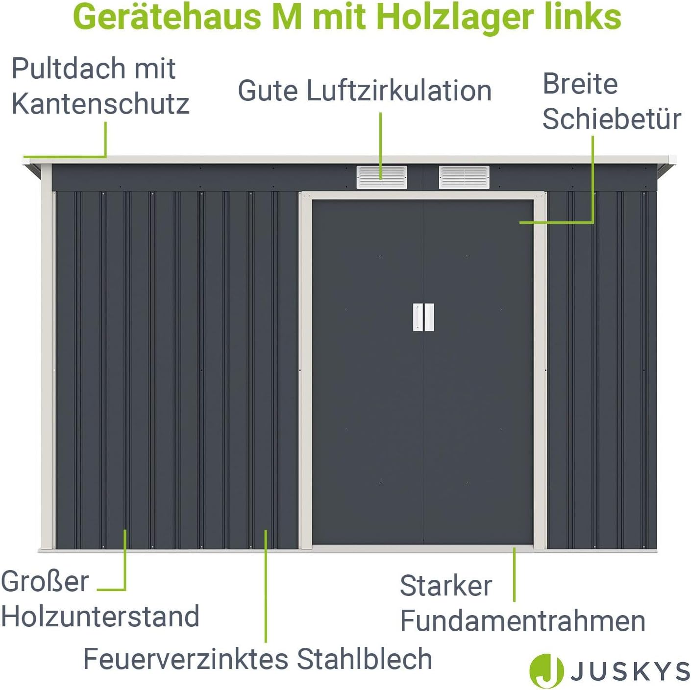 Diagram illustrating key features of the Juskys Metal Garden Shed M