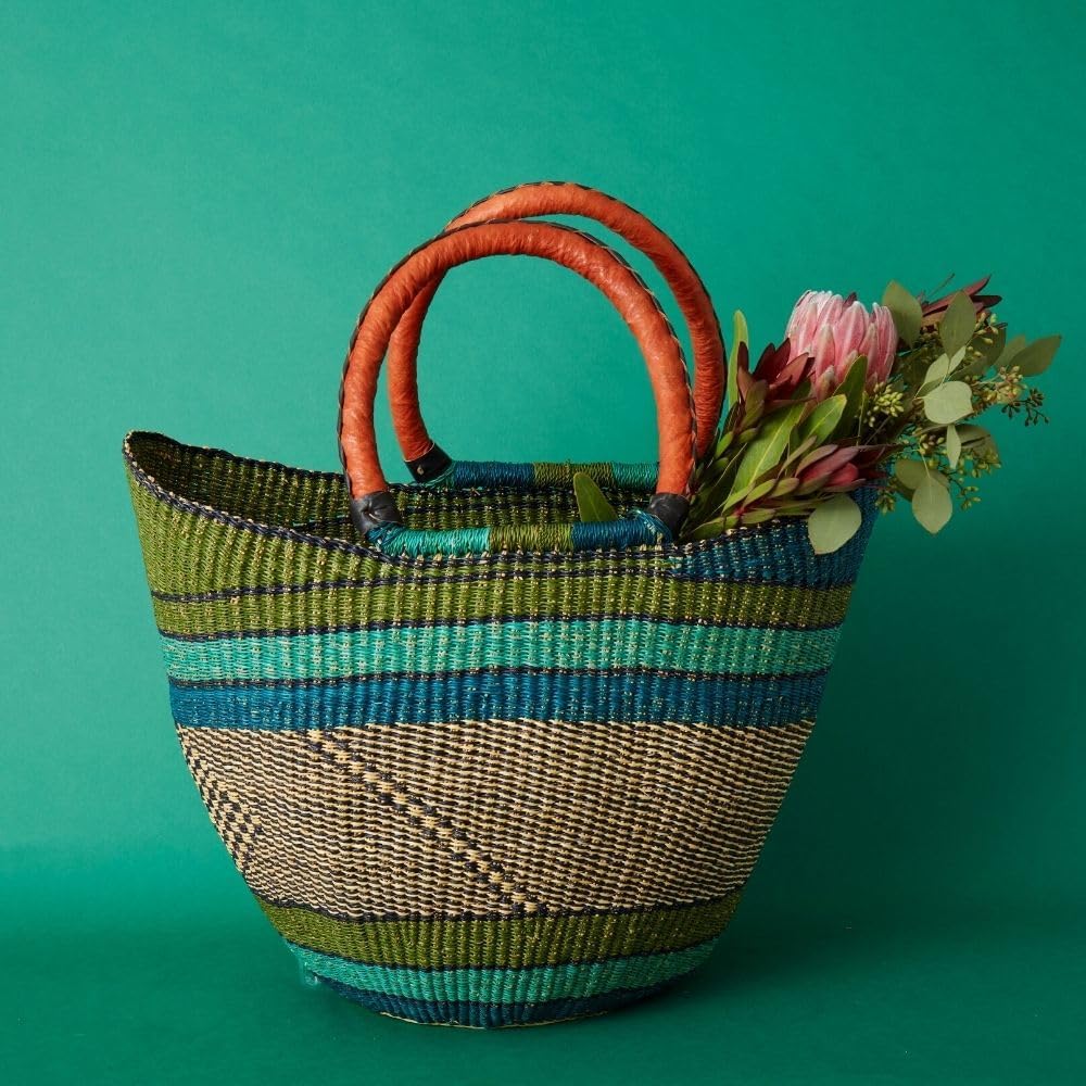 Woven African Market Basket, Blue Green, 16 Inch Wide
