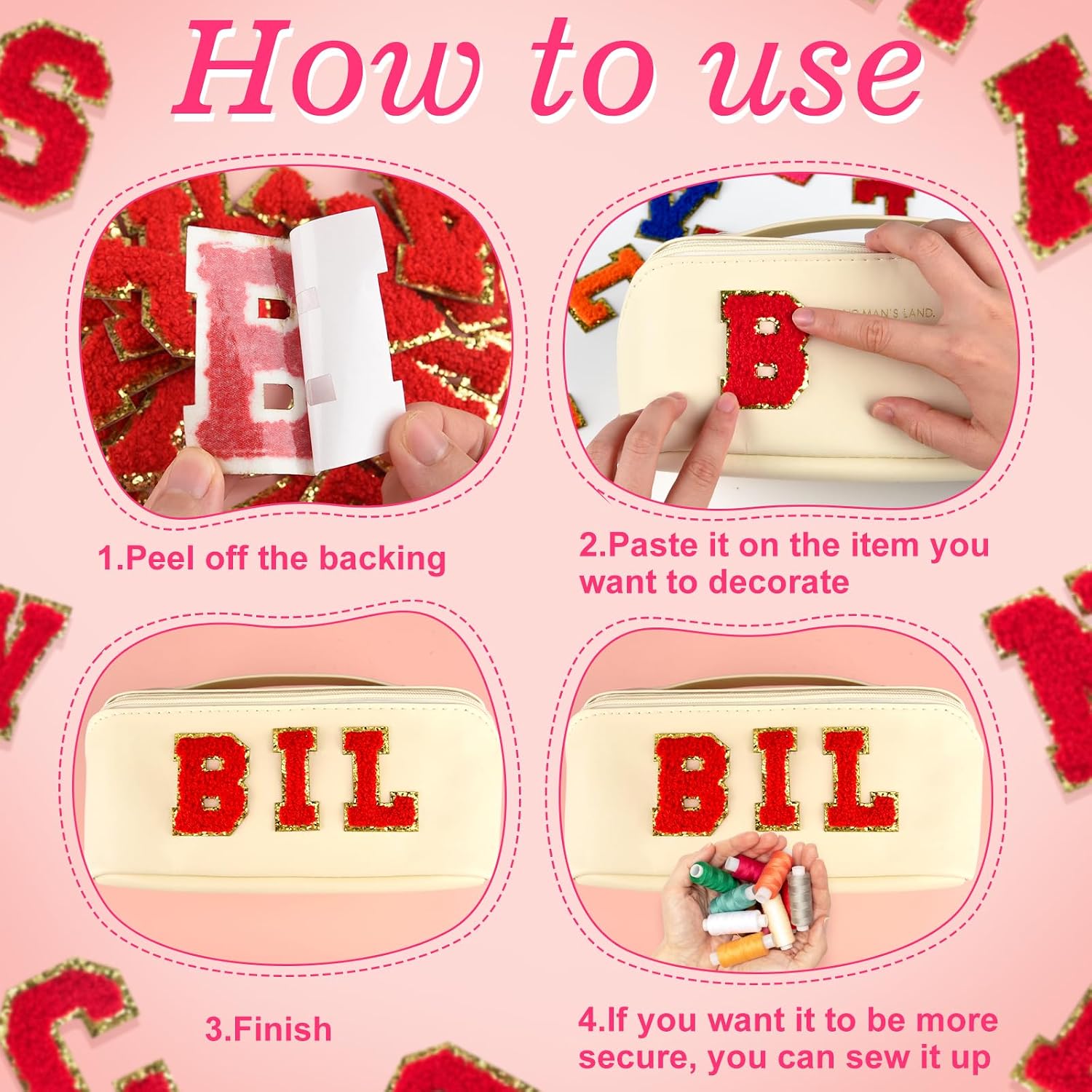 ASTARON 52 Pcs Self Adhesive Letter Patches Chenille Letters Stickers, A-Z Embroidered Applique Patches Alphabet Cloth Patch for Clothes, Bags, Hat, Phone Case, DIY Accessories (Red)