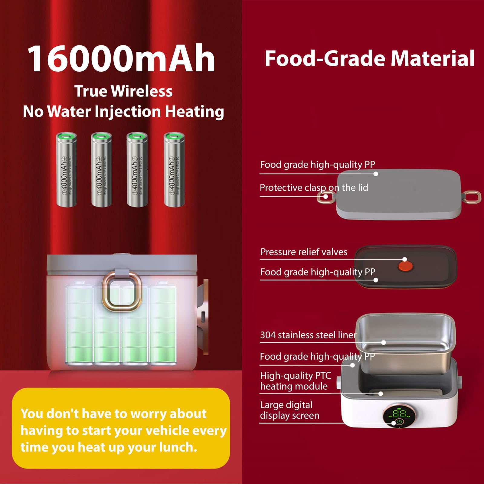 Fiambrera Electrica Coche Recargable E Inalámbrico, Fiambreras Comida Trabajo Portátil Y Con Batería De 16000 mAh, Fiambrera Termica