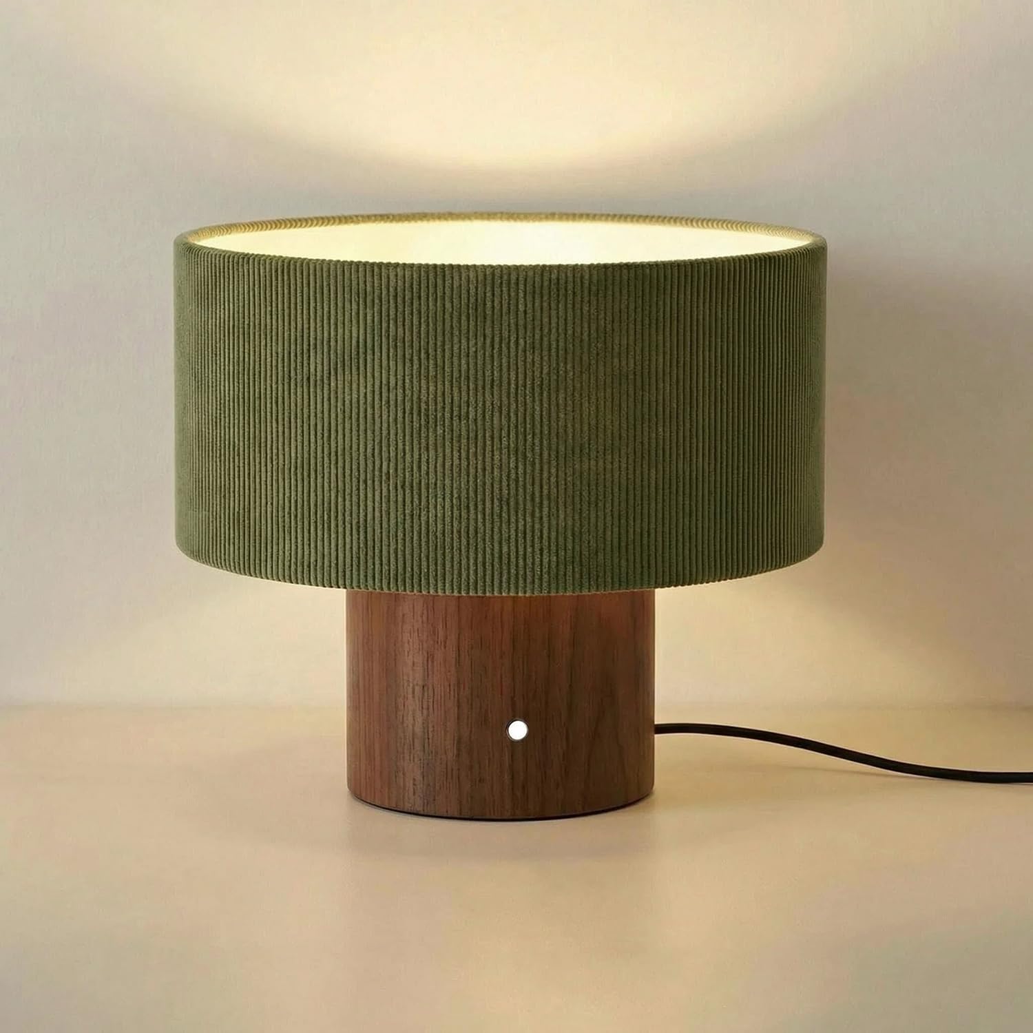 Keazile 10.6" Tall Modern Wood Table Lamp with Green Corduroy Shade, Touch Control Beside Lamp, Small Nightstand Lamps for Bedroom Living Room Offcie,
