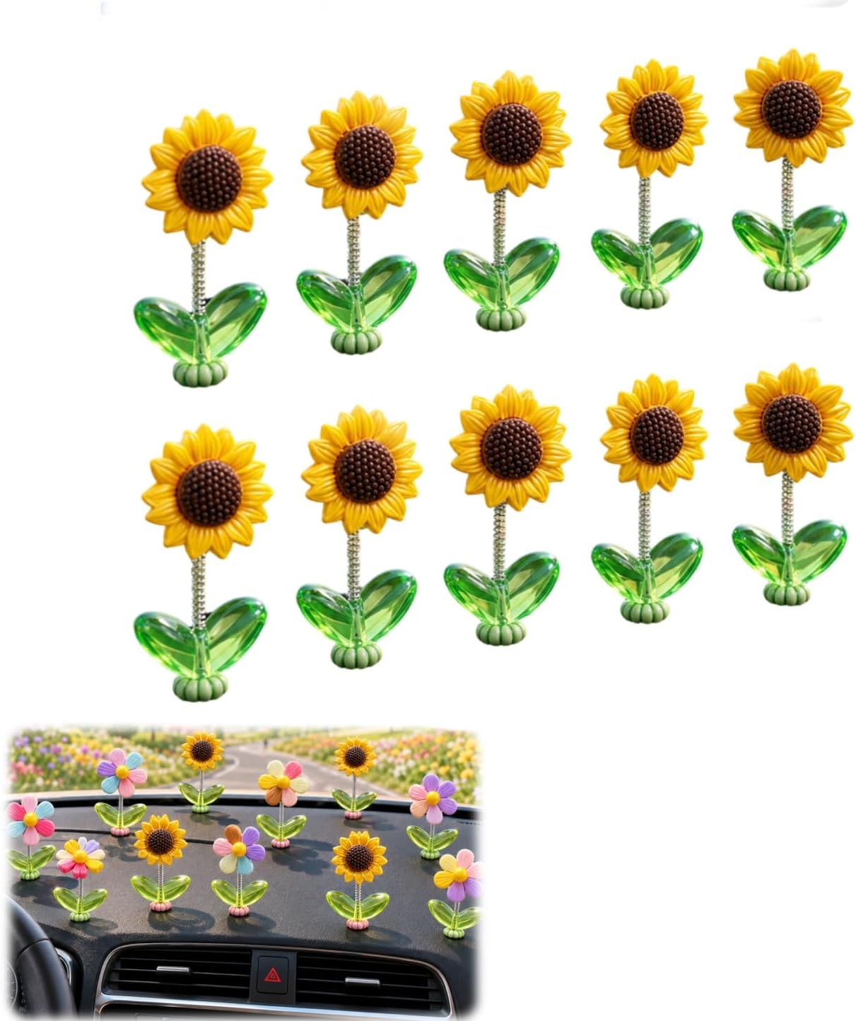 10Pcs Set of Swinging Car Dashboard Decorations,Rearview Mirror and Steering Wheel Decorations,Car Dashboard Decorations,Plant Swinging Decorations,Home and Office Desk Decorations(Rainbow Flower)