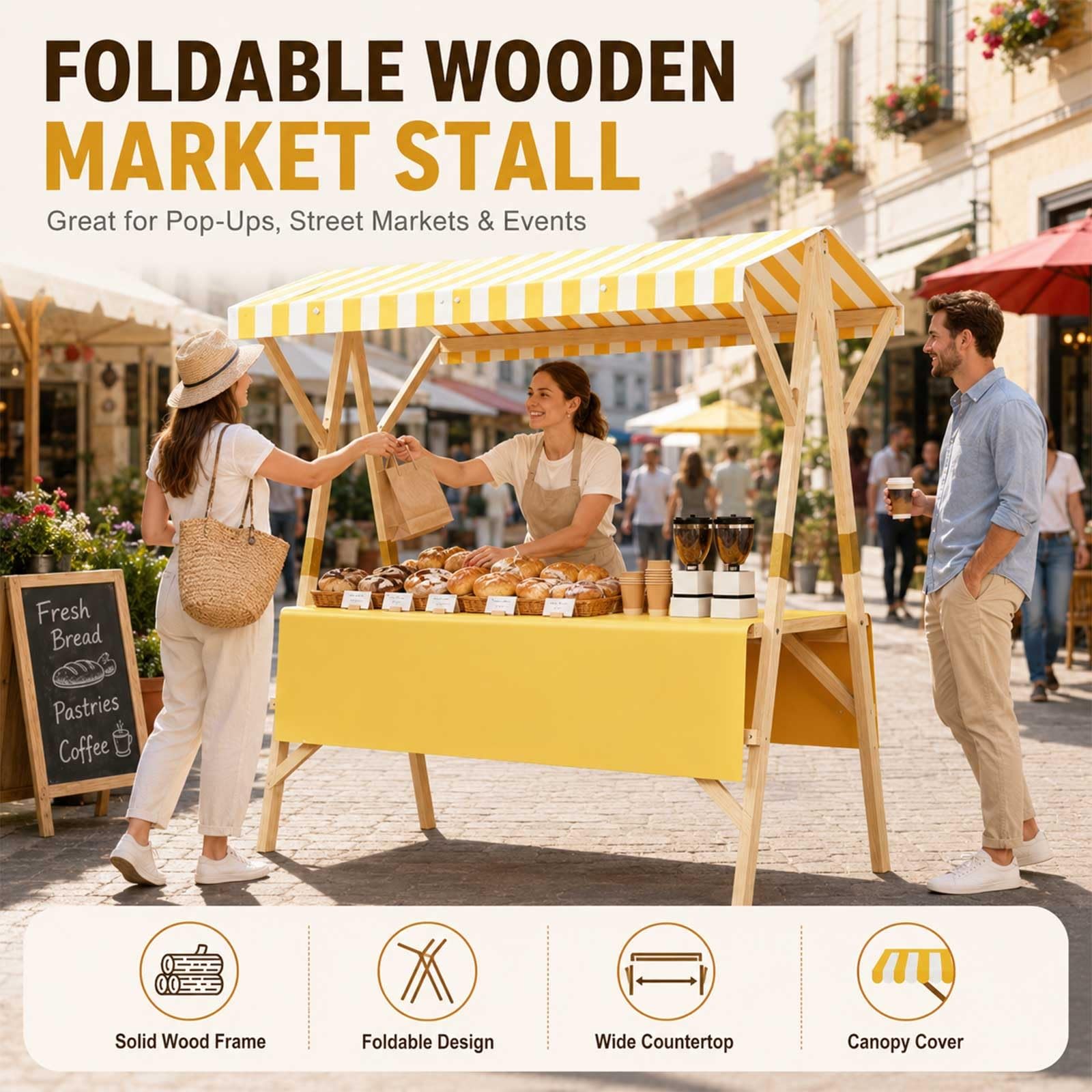 Carrello Per Venditori All'Aperto Espositore Mobile, Banco Vendita Pieghevole In Legno Con Tettoia, Bancarella Per Street Food, Mercati Agricoli, Fiere, Eventi E Festival(Green1,47.2in/120cm)