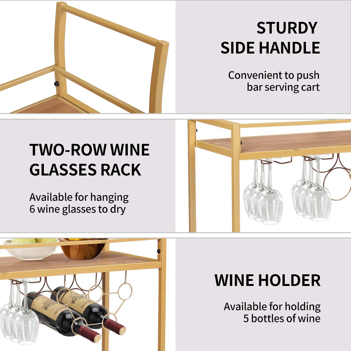 Rolling Bar Cart, 2-Tier Metal Mobile Home Bar Serving Carts With