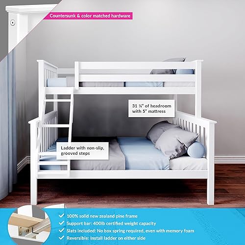 Miniatura 32 de Max & Lily - Litera de tamaño individual sobre matrimonial con escalera, base de cama de madera maciza para niños, barandillas de seguridad de 14