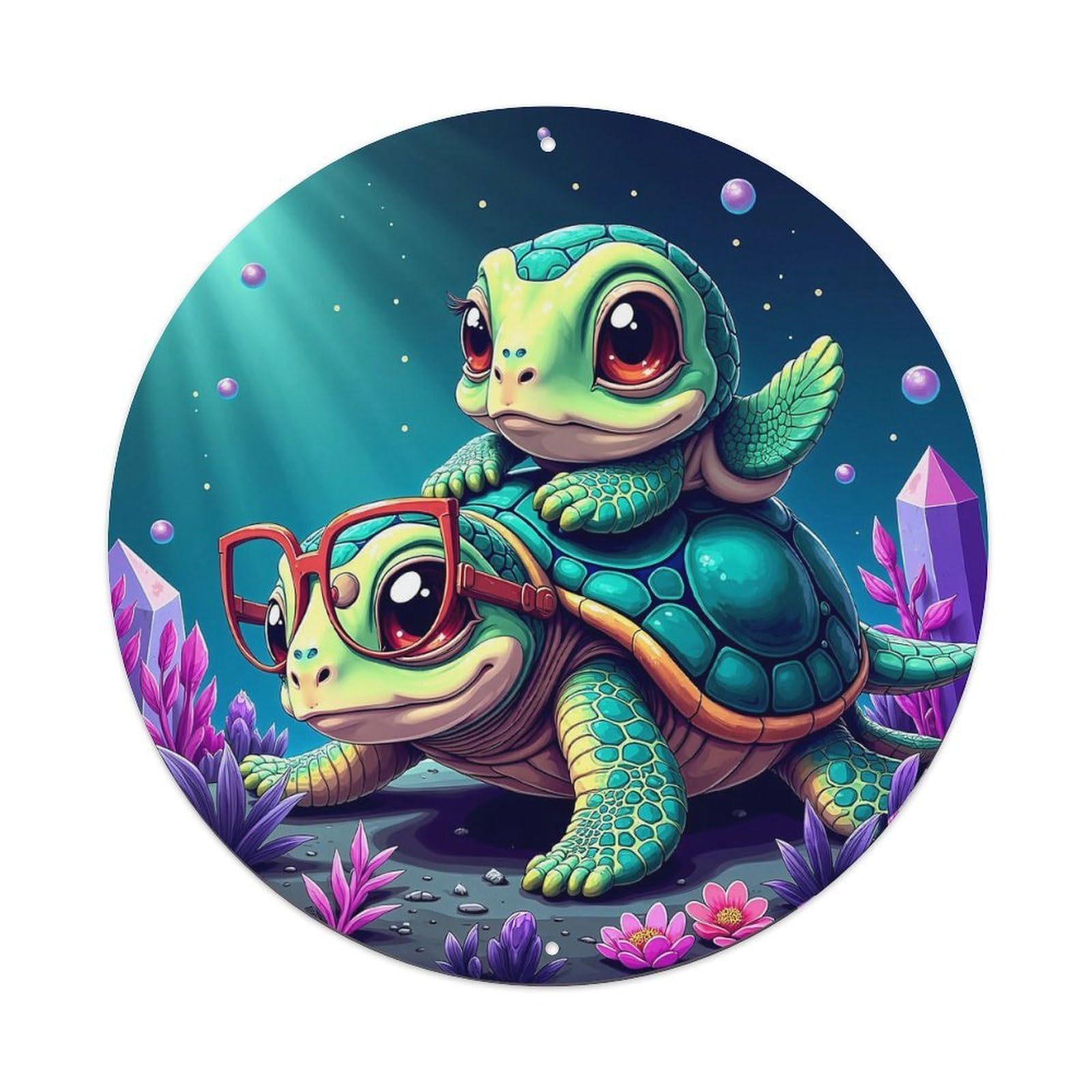 Cute Turtle With Glasses And Crystals Round Tin Sign Retro Metal Sign for Cafe Bar Pub Home Game Room Gym Club Wall Decoration Vintage Metal Poster 8x8 Inch