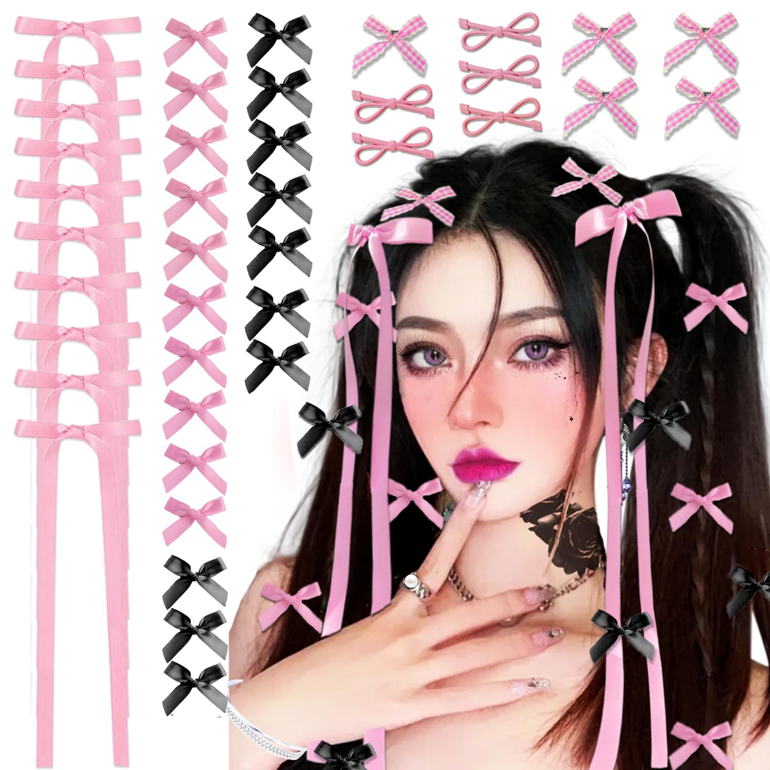 40Pcs Y2K Hair Clips Set Colorful Bow Hair Clips 4 Shaped Metal Snap Hair Accessories Satin Mini Hair Bow Clips for Women Girls(Pink)