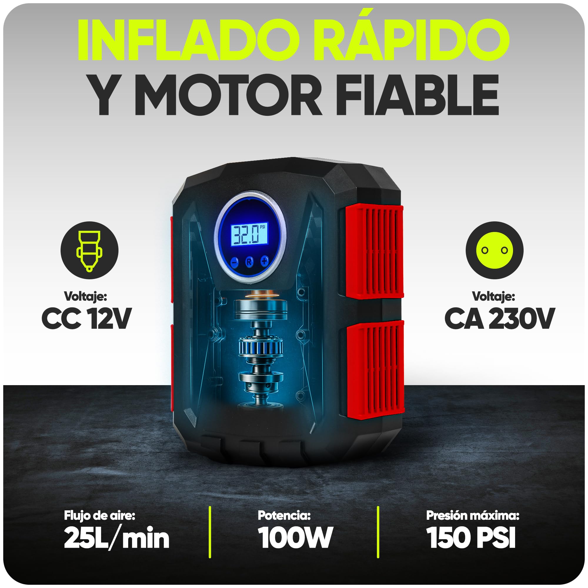 FORTEM Inflador de Ruedas de Coche, Compresor de Aire - Manómetro Digital, Autobombeo, Parada Automática - Bolsa de Transporte