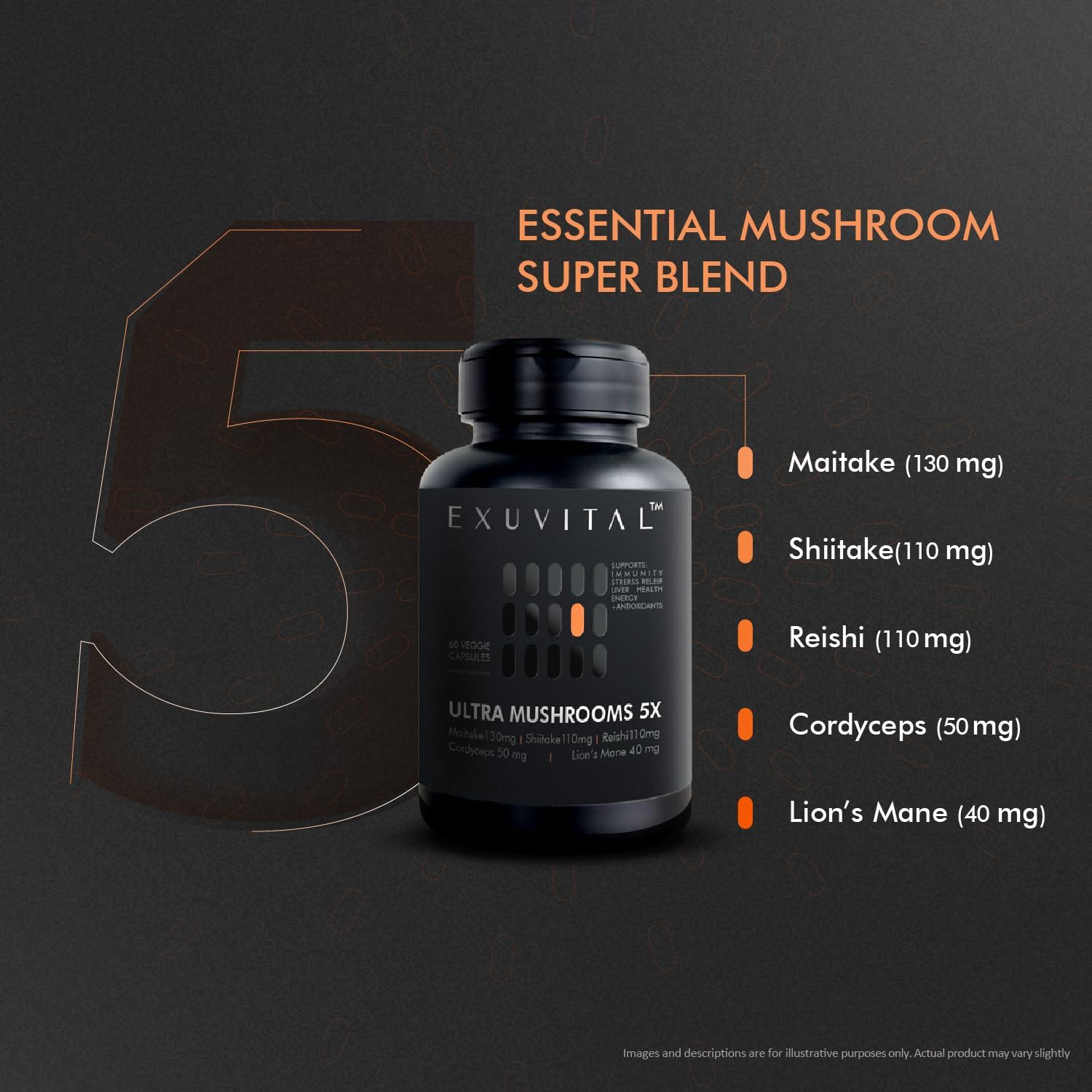 5 Mushroom Complex – Lion’s Mane, Reishi, Cordyceps, Maitake & Shiitake – Immune Support, Energy & Stress Balance – Vegan, Non‑GMO, Gluten Free – 60 Capsules (2‑Month Supply)