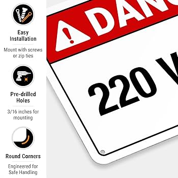 220 Volts Sign, ANSI Danger Sign, 10x7 Inches, Rust Free