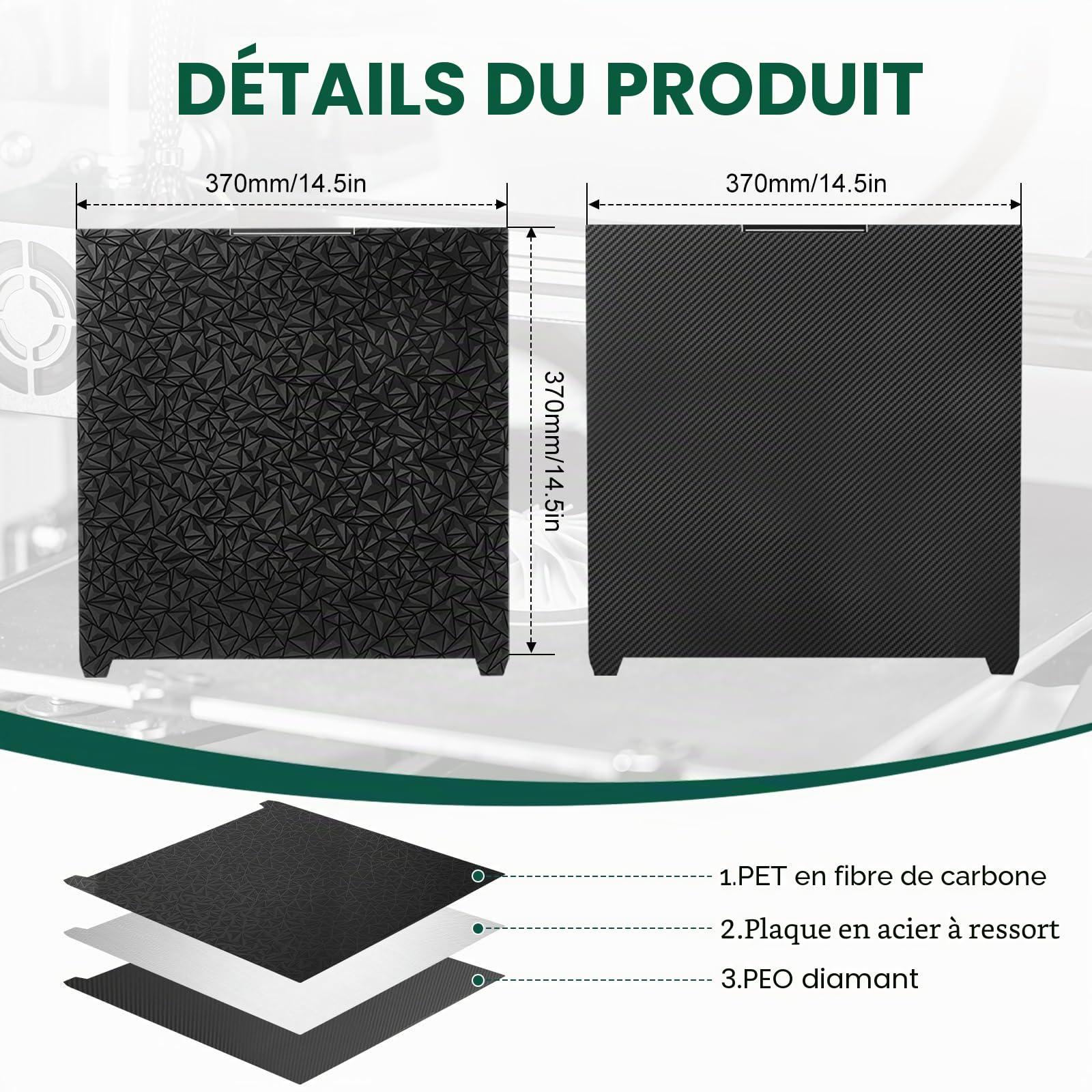 Plaque de Plateforme Texturée Double Face pour Creality K2 Plus Combo,370x370mm Acier à Ressort Élastique,Haute Adhérence PEO-PET Compatible PLA ABS PETG TPU Usage Professionnel et Modélisation
