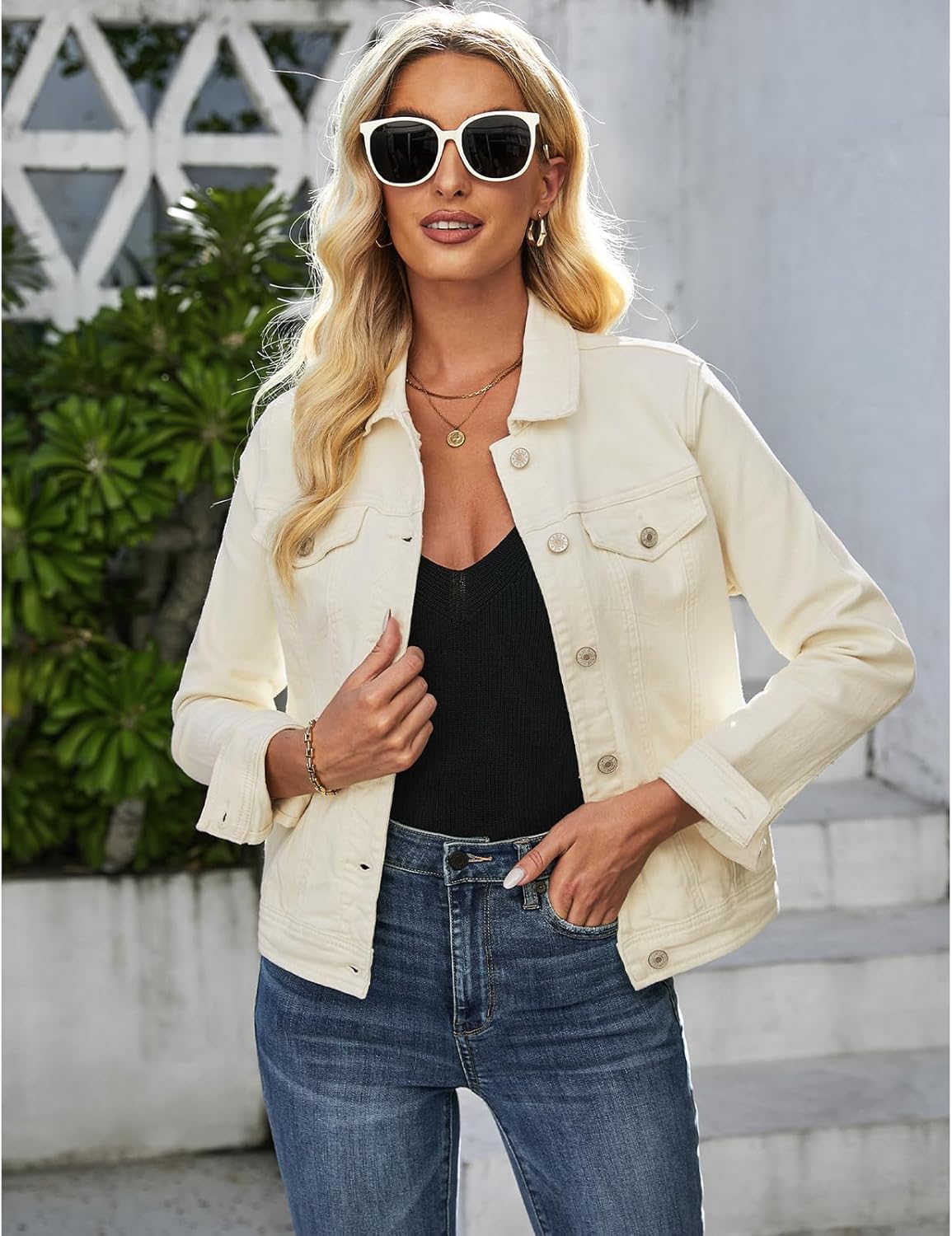 luvamia Women's Basic Button Down Stretch Fitted Long Sleeves Denim Jean Jacket - Image 3