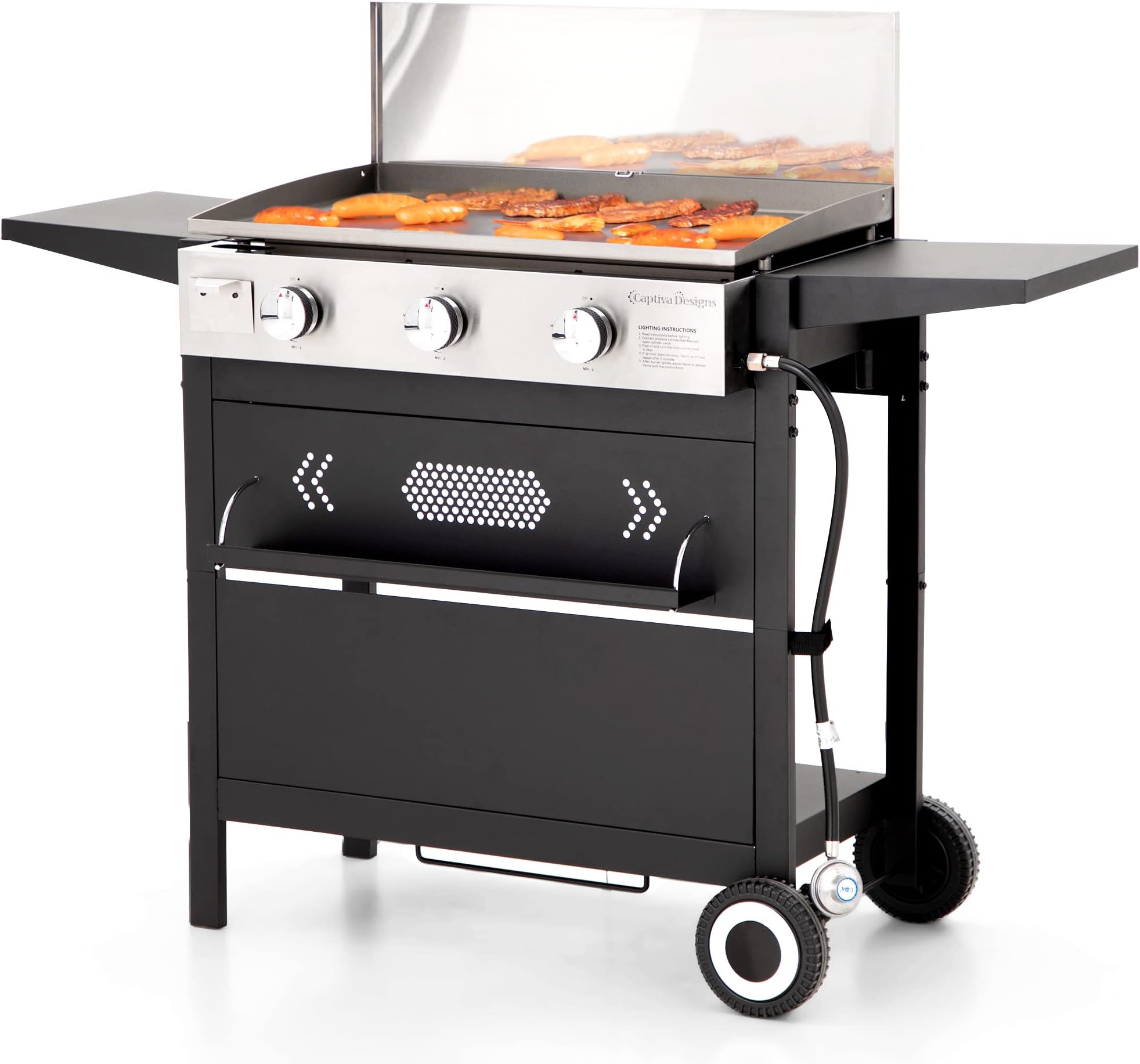 Captiva Designs Flat Top Gas Griddle Grill with Lid, 3-Burner Propane Flattop BBQ for Outdoor Cooking Kitchen, Can be Detached into Table Camping & Tailgating, 33,000 BTU Output, Silver,Black