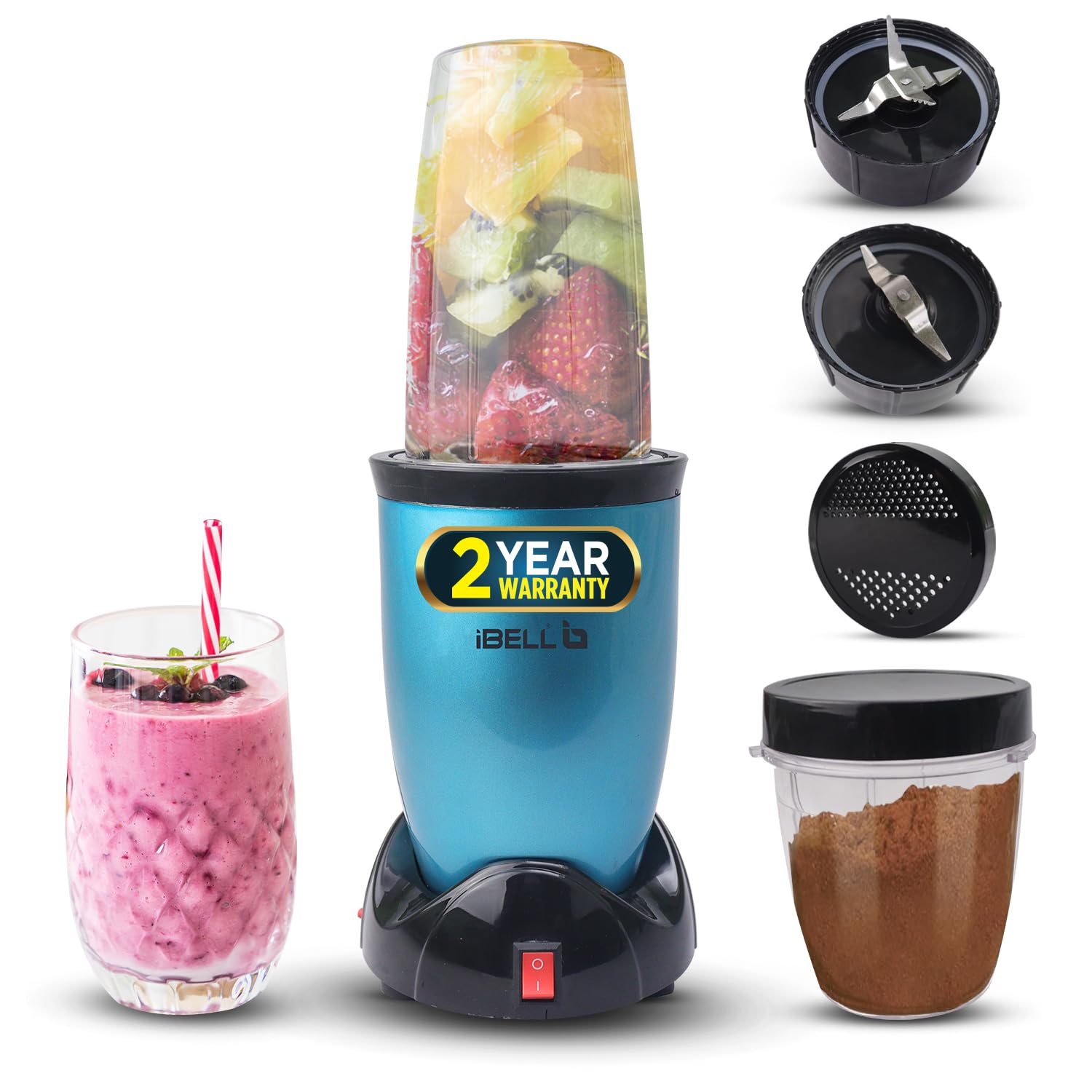 NB50 Nutri Blender Mixer Grinder - Smoothie Maker, 550Watts, 22000RPM, 100% Copper Motor with 2 Unbreakable Jars, 2 SS Blades & Sprinkler Lid + 2 (Blue)