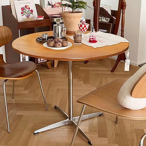 Miniatura 3 de Mesa de comedor redonda moderna de madera maciza con base de metal cruzada, mesa pequeña de madera marrón para oficina, mesa de centro pequeña para