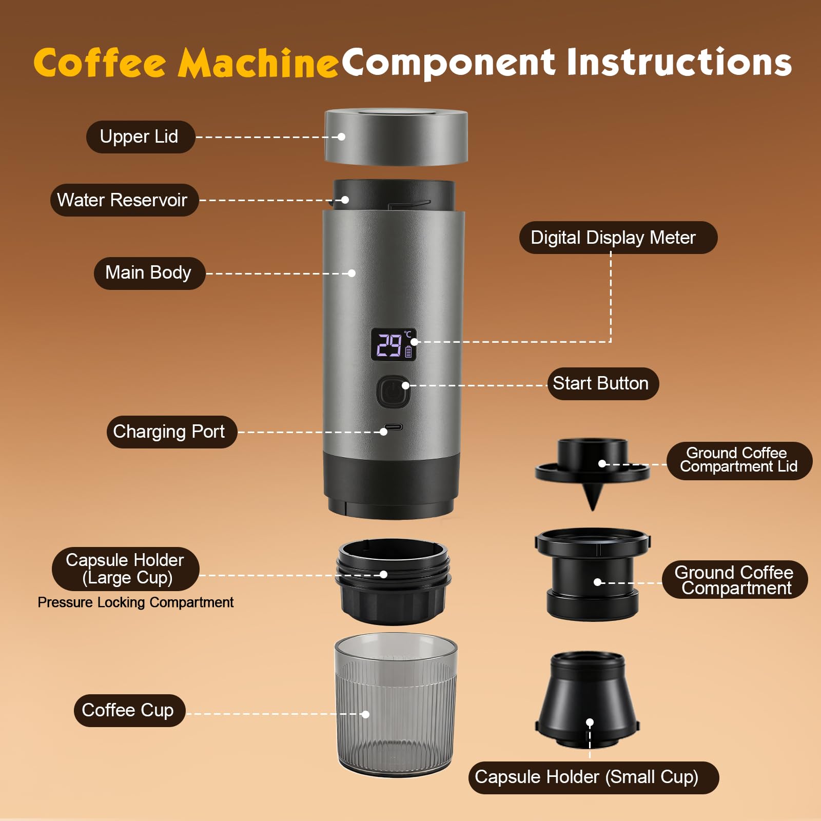 Máquina de café expreso 3 en 1 portátil con batería, 20 bar, extracción fría/caliente, compatible con cápsulas y café molido, 7800 mAh USB-C, mini cafetera para camping, coche, oficina y viajes - 4