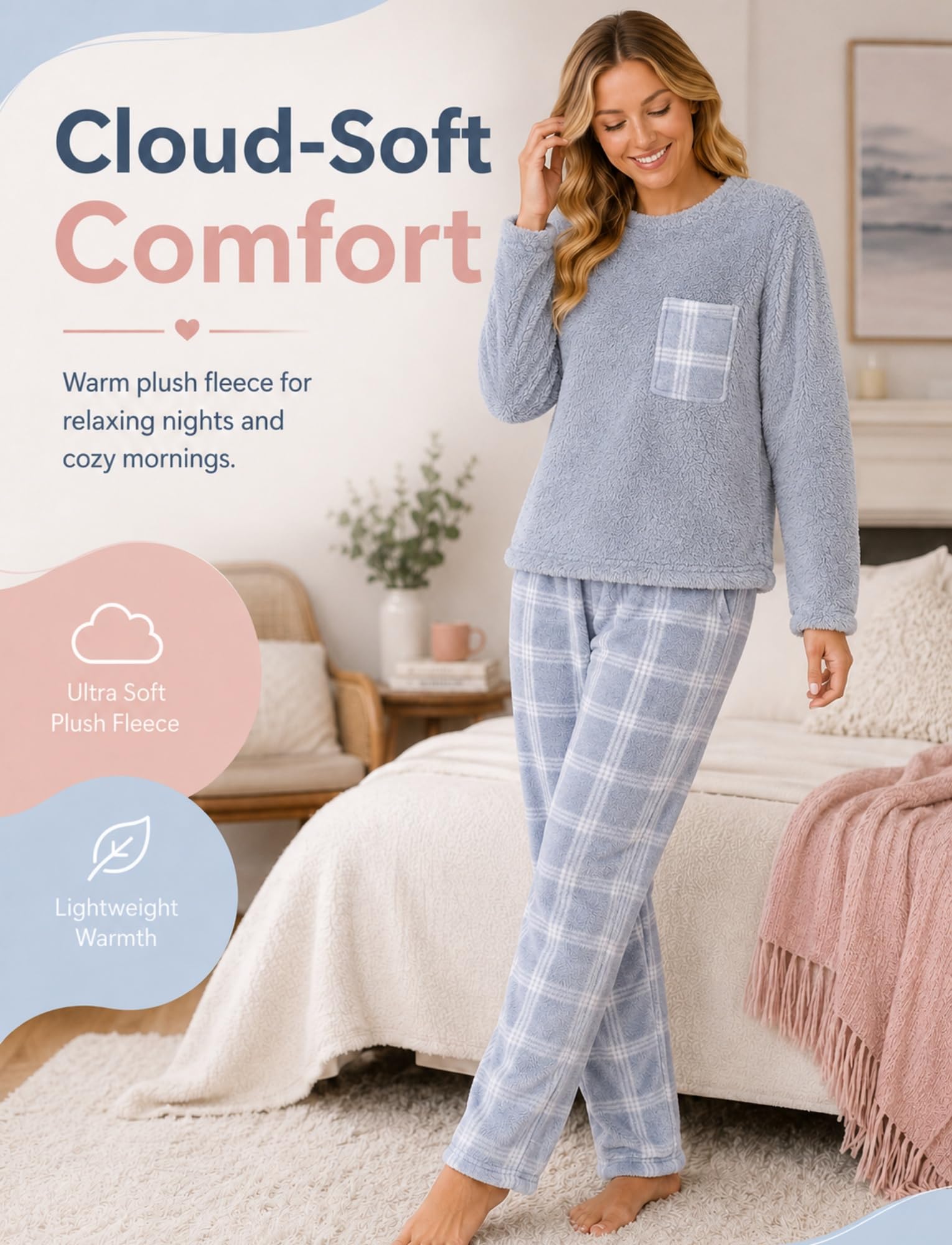 Conjunto de pijama de franela para mujer, diseño a cuadros, holgado, pijama cálido