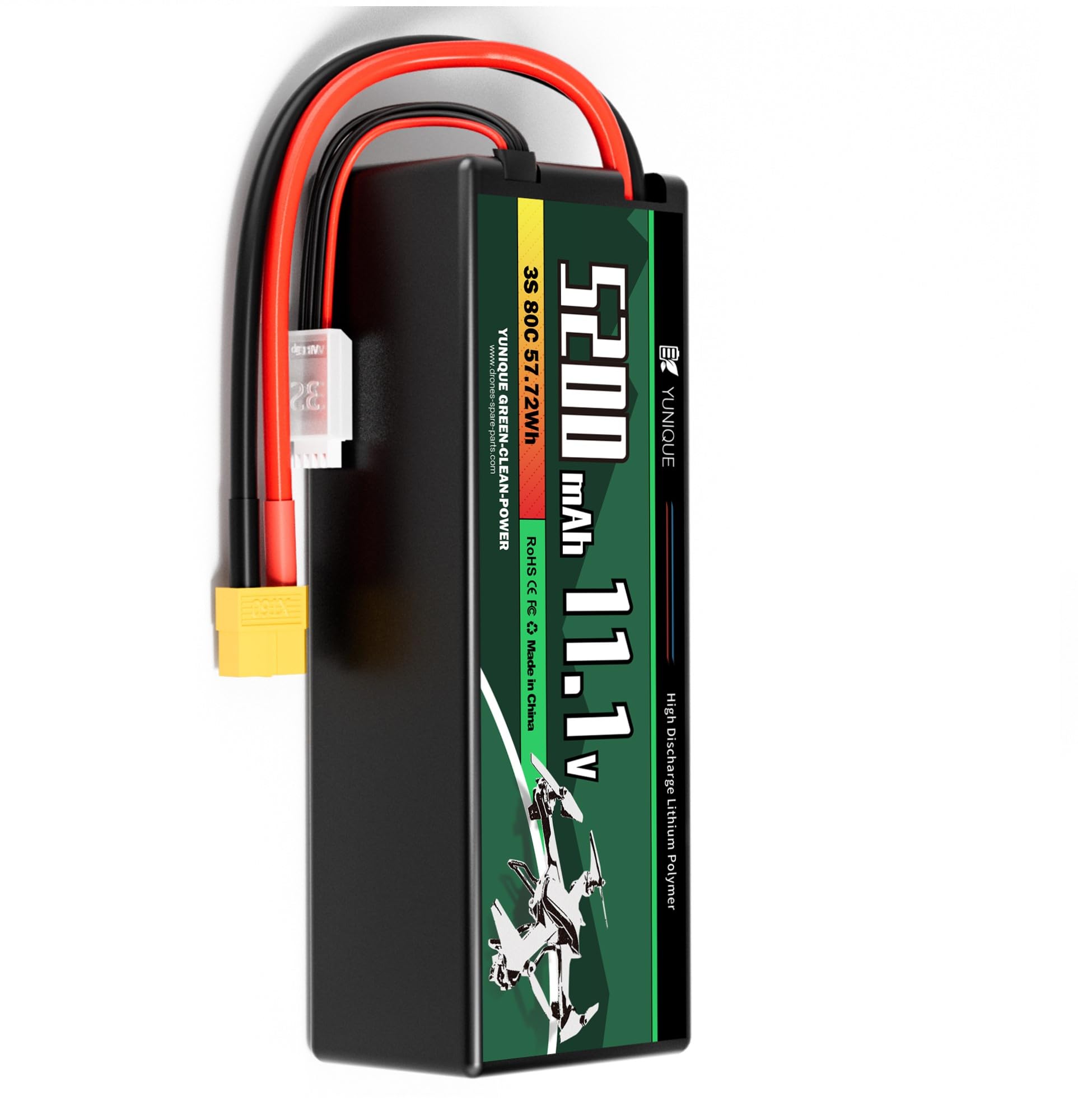 YUNIQUE GREEN-CLEAN-POWER Akumulator Lipo 3 ogniwa 11.1V 5200mAh 80C ze złączem XT60, kablem silikonowym i twardą skorupą - Wymiary 138 x 47 x 36 mm, waga 359g - Wysoka moc dla modeli RC