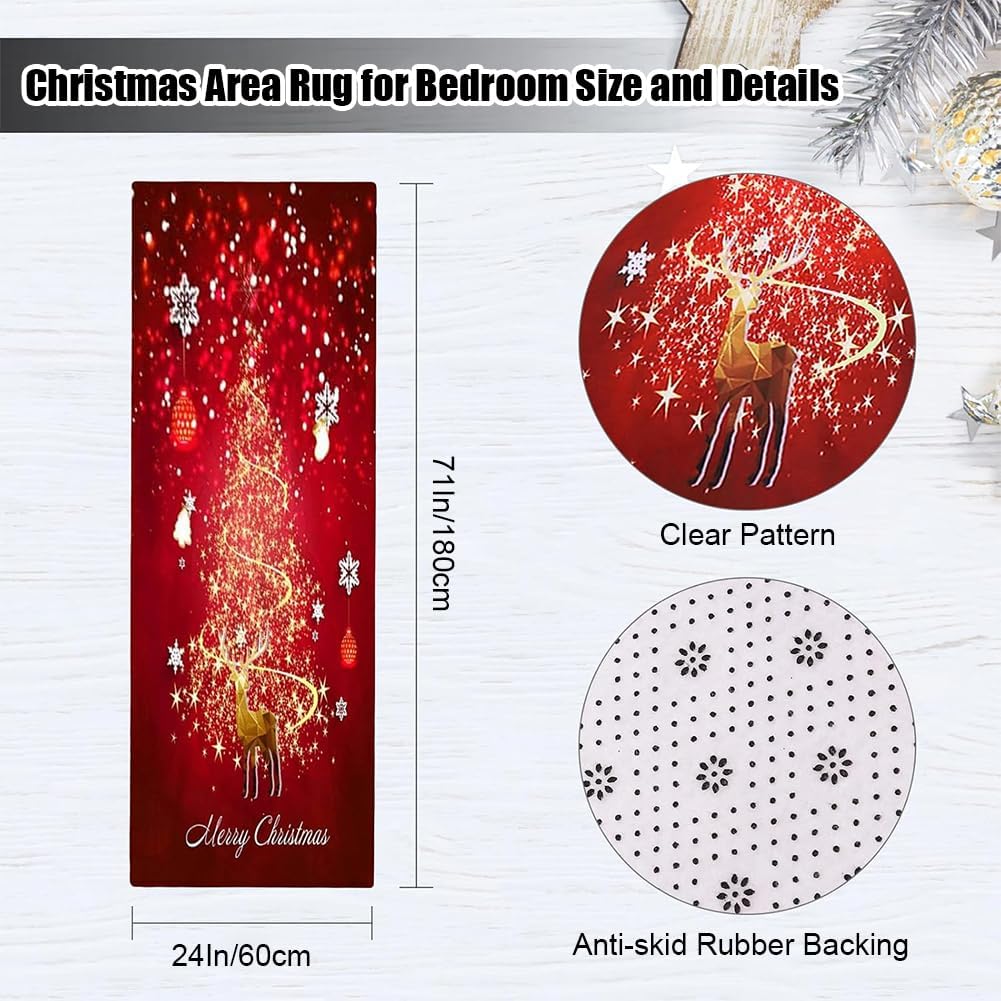 Red Christmas Runner Rugs,6 x 2 Ft Non-Slip Christmas Area Rugs,Washable Reindeer Santa Xmas Tree Red Xmas Rug for Hallway Living Room Bedroom,Christmas Floor Rug,Christmas Carpet (Reindeer)