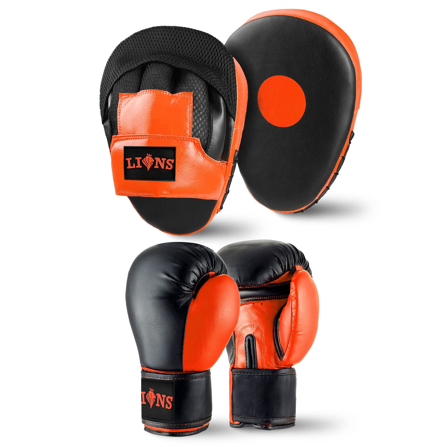 Lions Star Boxing Gloves and Pads Set For Men Women, Pair of Boxing Gloves with Hook and Jabs Mitts Focus Pads, Punching Sets Ideal for Punch Bag MMA Martial Arts (INJECTION - ORANGE, 10oz) — image 1