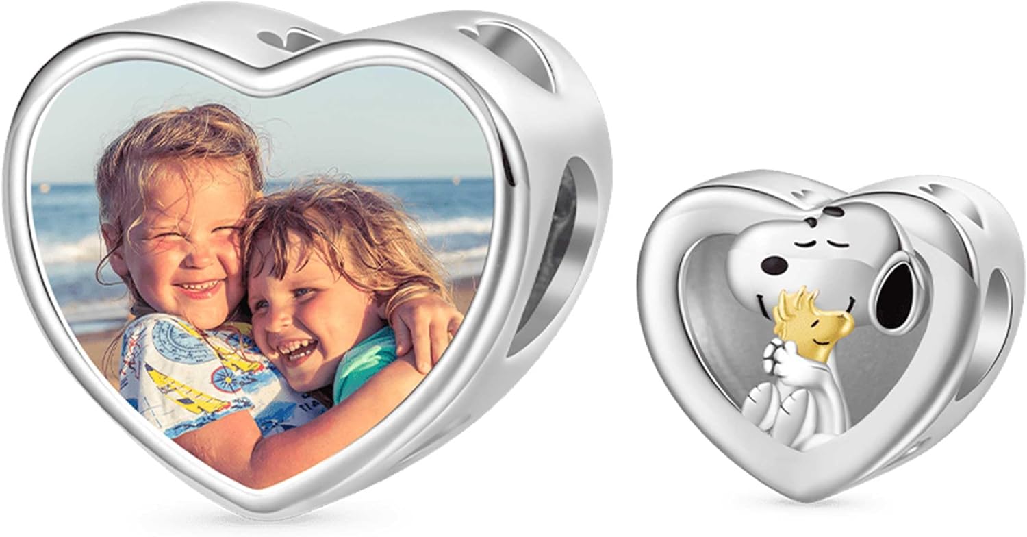 GNOCE Snoopy Hugs Woodstock Personalized Photo Heart Charm Bracelet for Women, S925 Sterling Silver Dangle Charms for Women Wife, Valentine‘s Day, Mother’s Day Jewelry