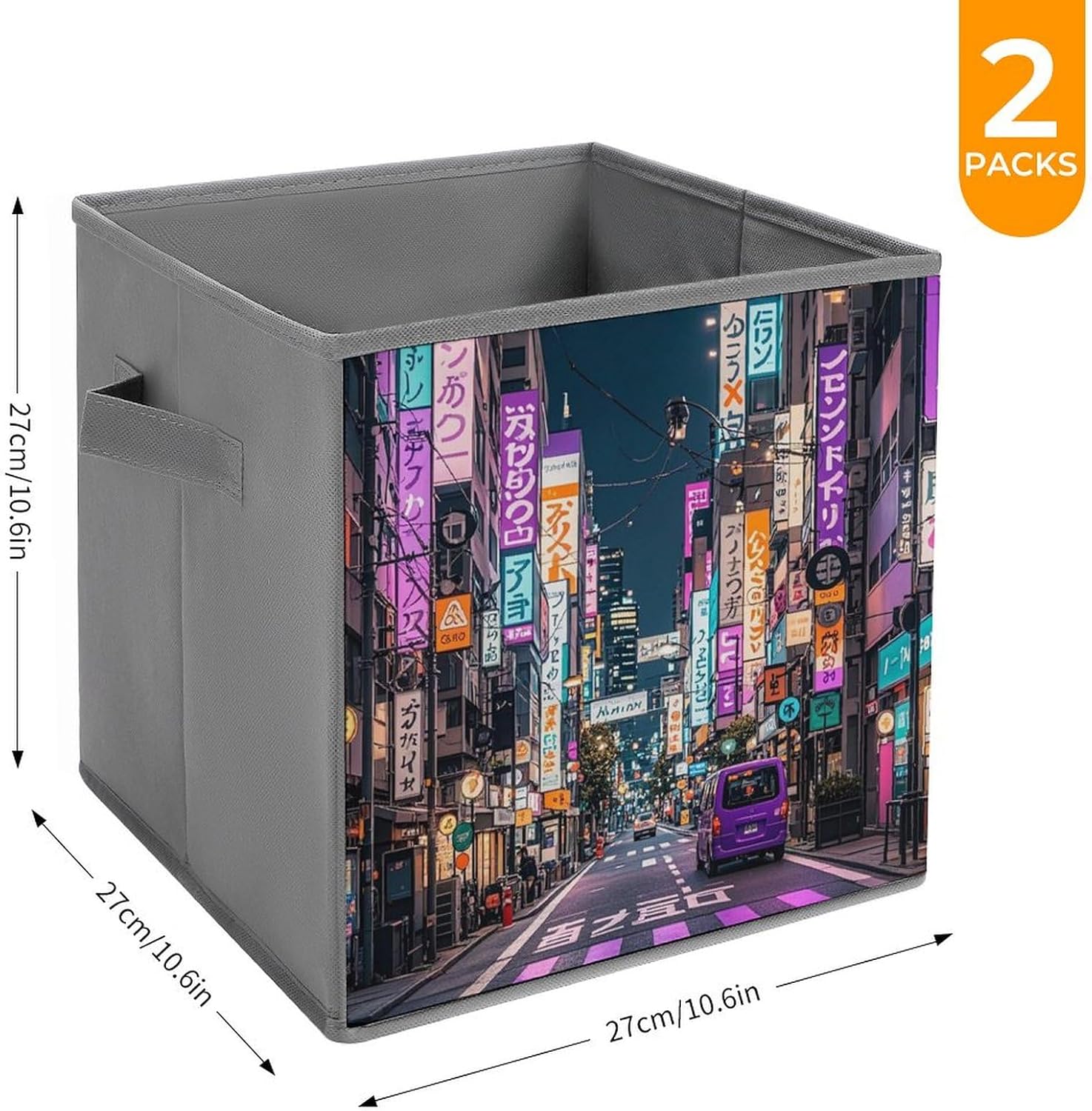 Purple Tokyo Streets Foldable Storage Box with Handles, Durable Oxford Storage Cubes, 2PCS Collapsible Closet Organizer for Home, Shelf, Office, Travel