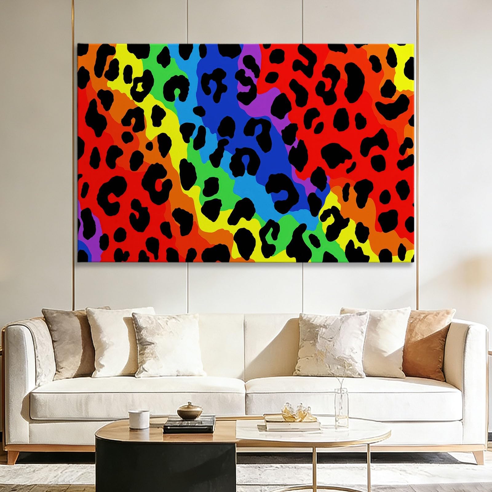 Generisch Abstrakt Modern Leopardenmuster Modernes Leinwandbild 90L x 60B cm mit Rahmen, Mehrfarbig XXL Wanddeko für Wohnzimmer Geschenk Idee Einzug - Hochwertiger Kunstdruck auf Holzrahmen