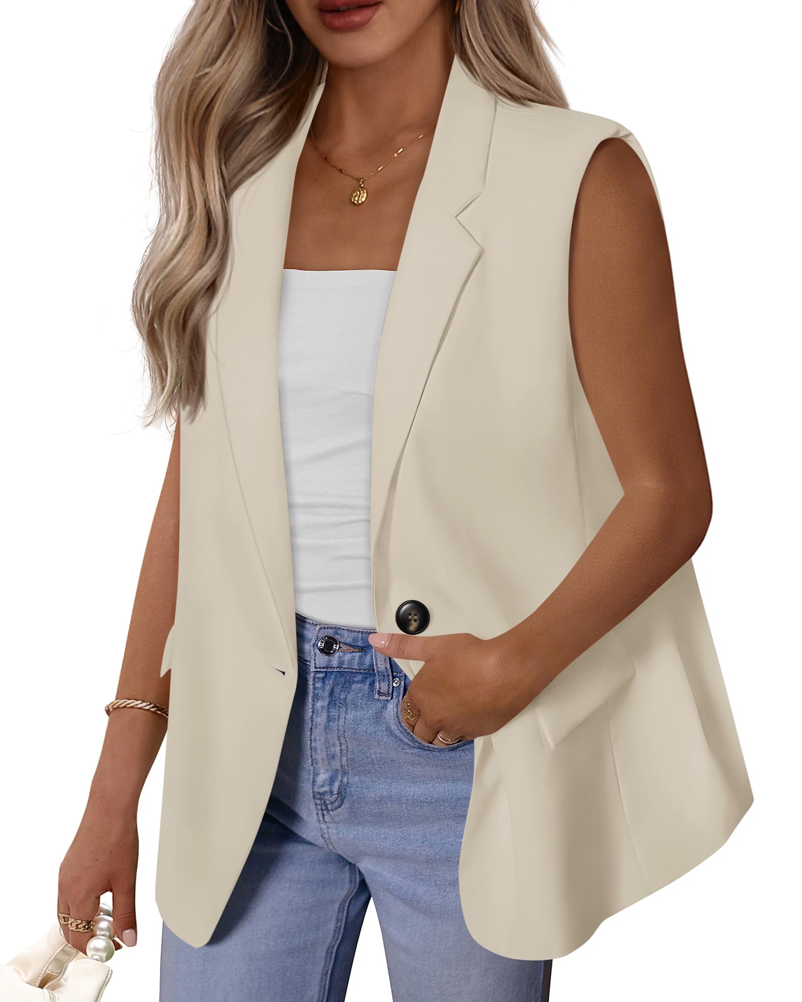 BTFBM Blazers For Women Open Front Button Loose Vest Tops For Women Work Business Casual Outfits Summer Fashion