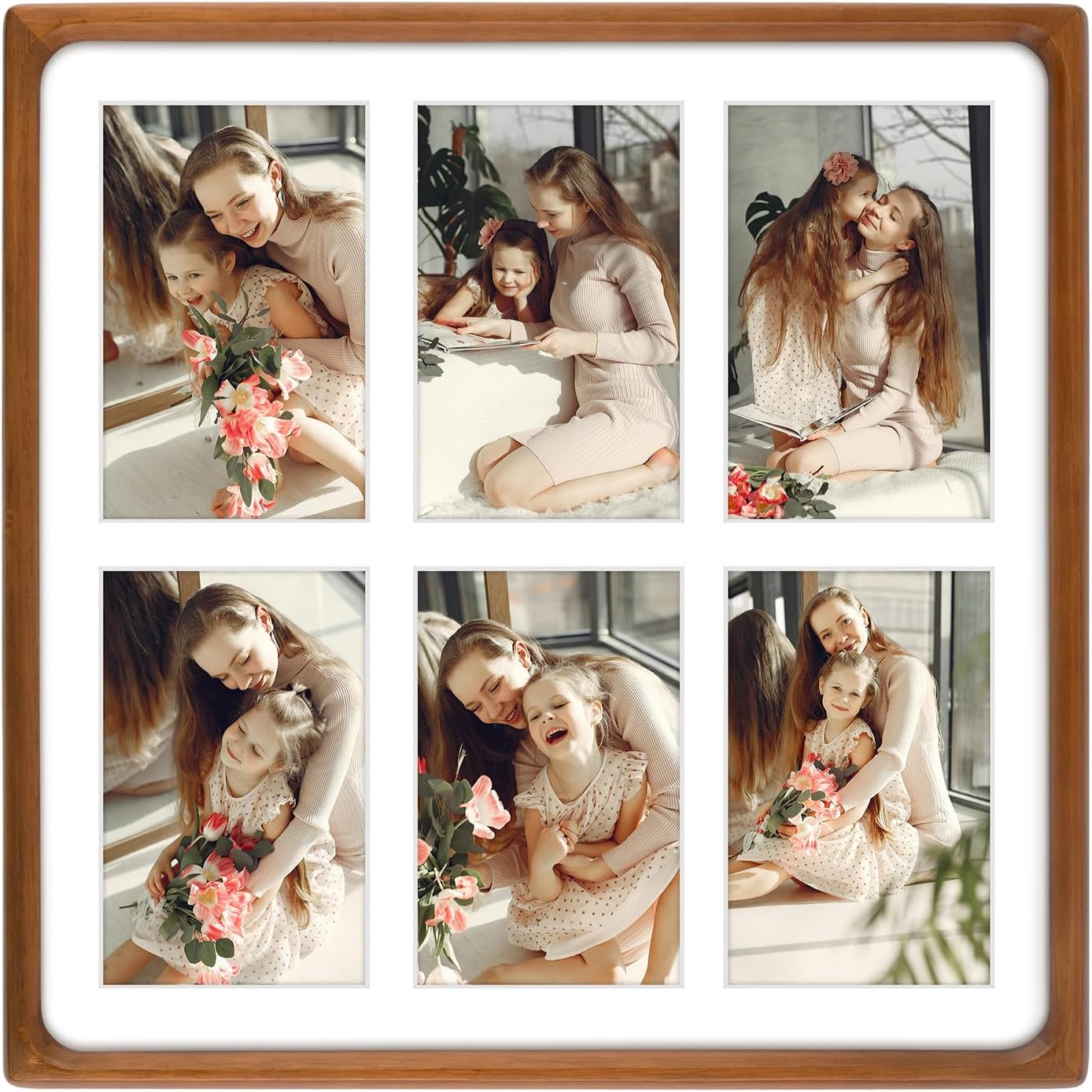 Golden State Art, 4x6 Collage Picture Frame - Solid Wood With Real Glass - Multi Picture Frame for (6) 4x6 Photos or One 13.5x13.5 Print - Rounded Corner Design - Collage Wall Decor - Brown