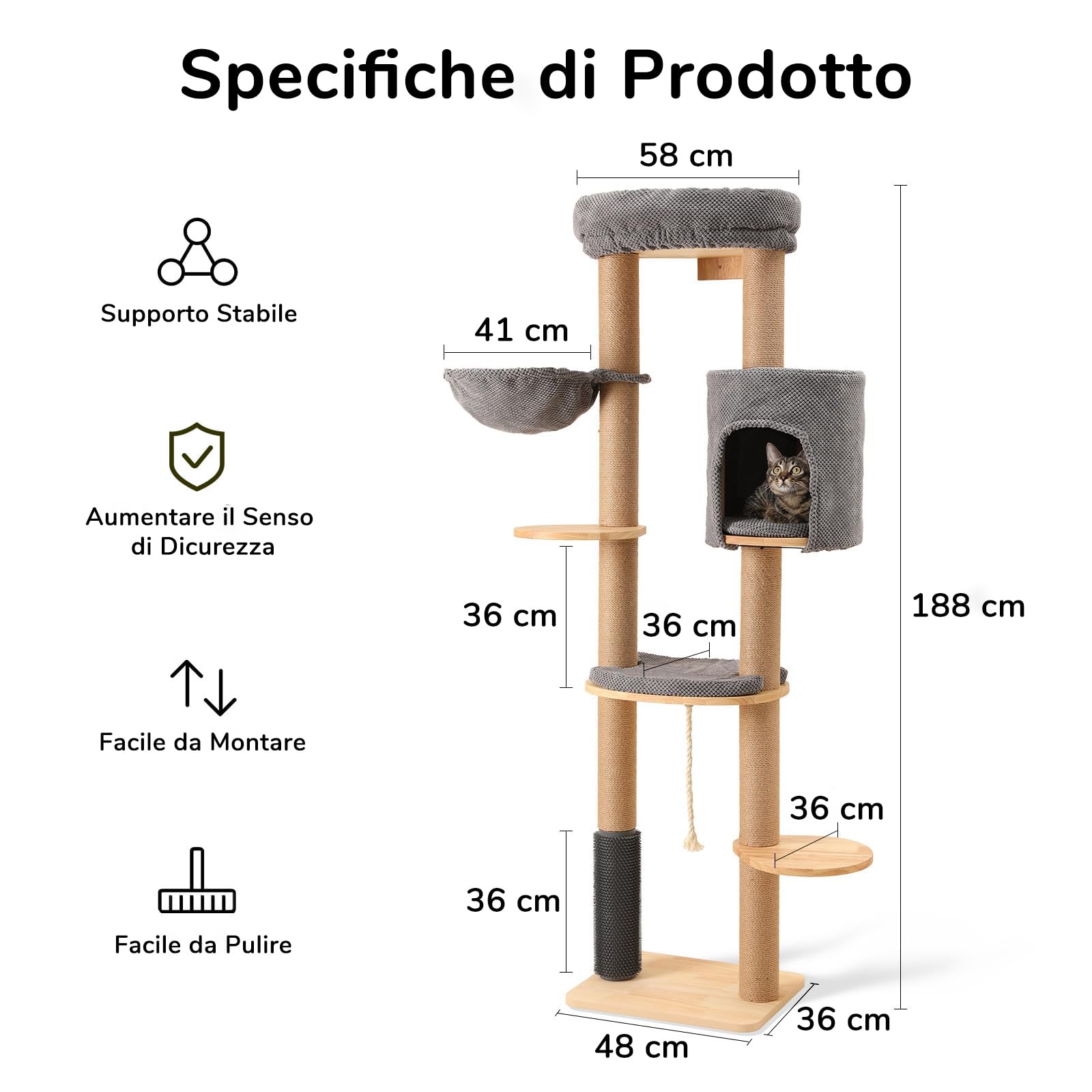 FUKUMARU Albero Tiragraffi per Gatti Adulti XXL da Parete, Tiragraffi in Legno, Alto 188 cm, Torre per Gatti in Legno Massello, con Spazzola, Posatoio, Amaca, Cuccia e Tappetino in Iuta.