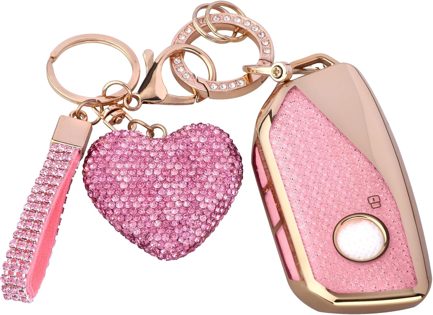 Compatiable with BMW key fob cover with Diamond Bling Keychain, Car Accessories Key holder Shell Compatiable with BMW 2023 2024 7 Series 740 760i I5 I7 IX X1 X5 X6 X7 XM,Gold Pink
