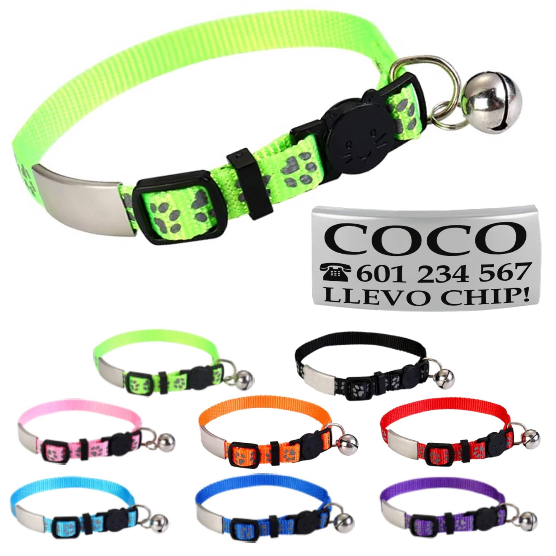Collar Gato Personalizado Antiahogo y Reflectante, Ajustable De 22 a 30 cm, Grabado Con Nombre, Para Gatos De Todos Los Tamaños, Sin Cascabel (Verde)