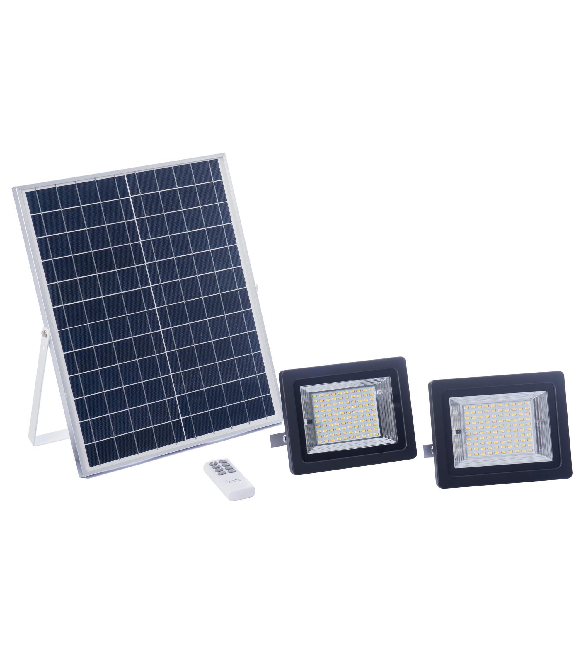 Foco Solar LED con 2 Focos, Luces Exterior con Panel Solar, Batería, Mando a Distancia, Autonomía 8-15 Horas (2 Focos, Luz Cálida 2700K)