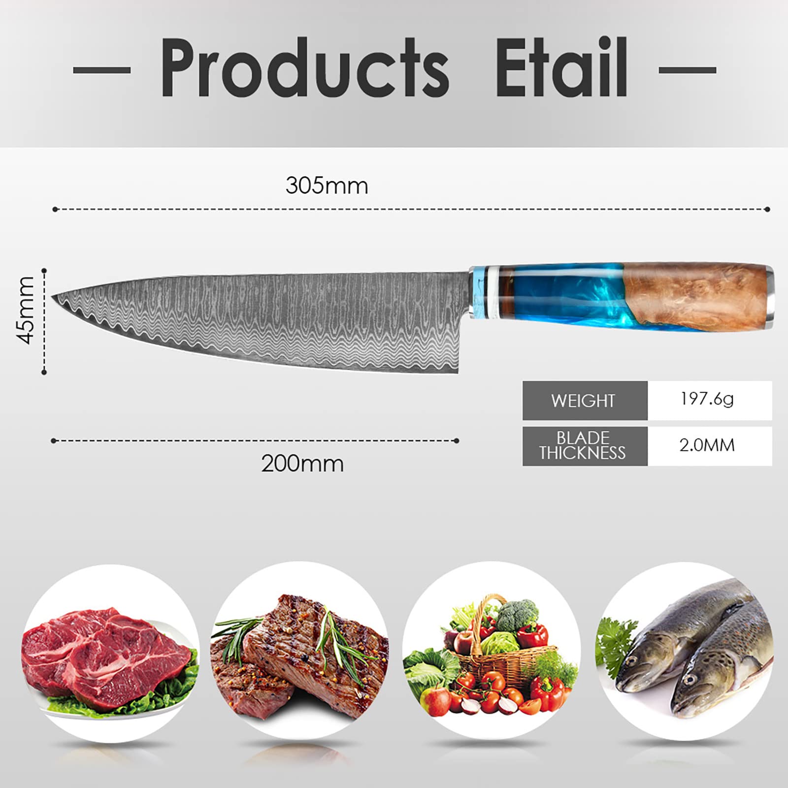 Kuwata Chef Knife, Professional Japanese VG10 Damascus Steel Kitchen Chefs Knife 8 Inch, Razor Sharp Professional Meat Cutting Knife with Gift Box for Family, Restaurant — Amazon image 5