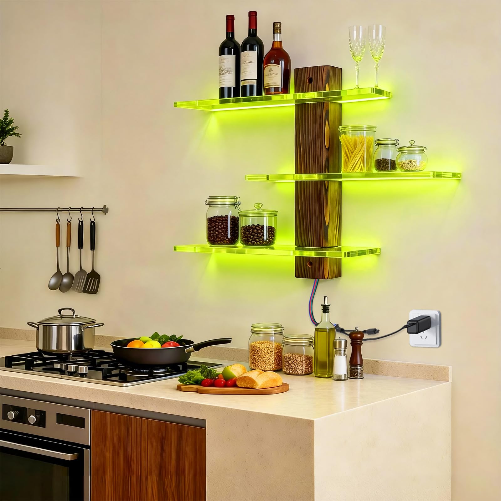 3-stöckiges Acryl-Wandregal mit RGB-Lichtern, LED-Vitrine für Sammlerstücke, Puppen, Bausteine, Parfums, kleine Pflanzen