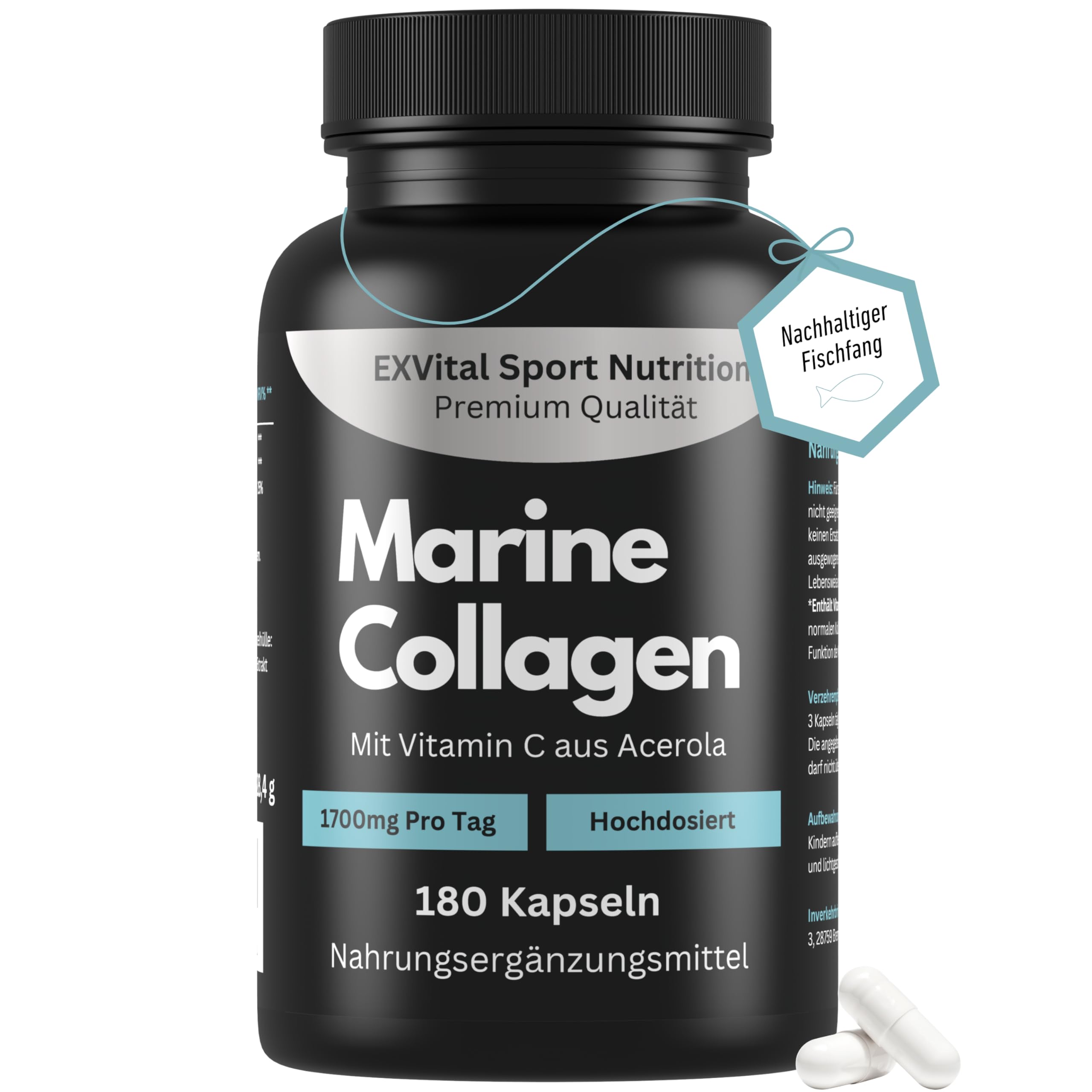 Marine Collagen Kapseln - 1700mg Marine Collagen mit Vitamin C aus Acerola - Hydrolysierte Fisch Collagen Peptide - 180 Kapseln - Meereskollagen - Frei von Zusätzen & laborgeprüft