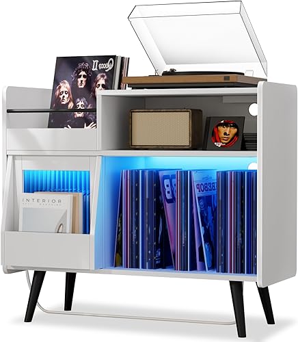 Miniatura 9 de Loomie Soporte grande para tocadiscos negro con toma de corriente y luz LED, gabinete de almacenamiento de discos de vinilo de hasta 350 álbumes,