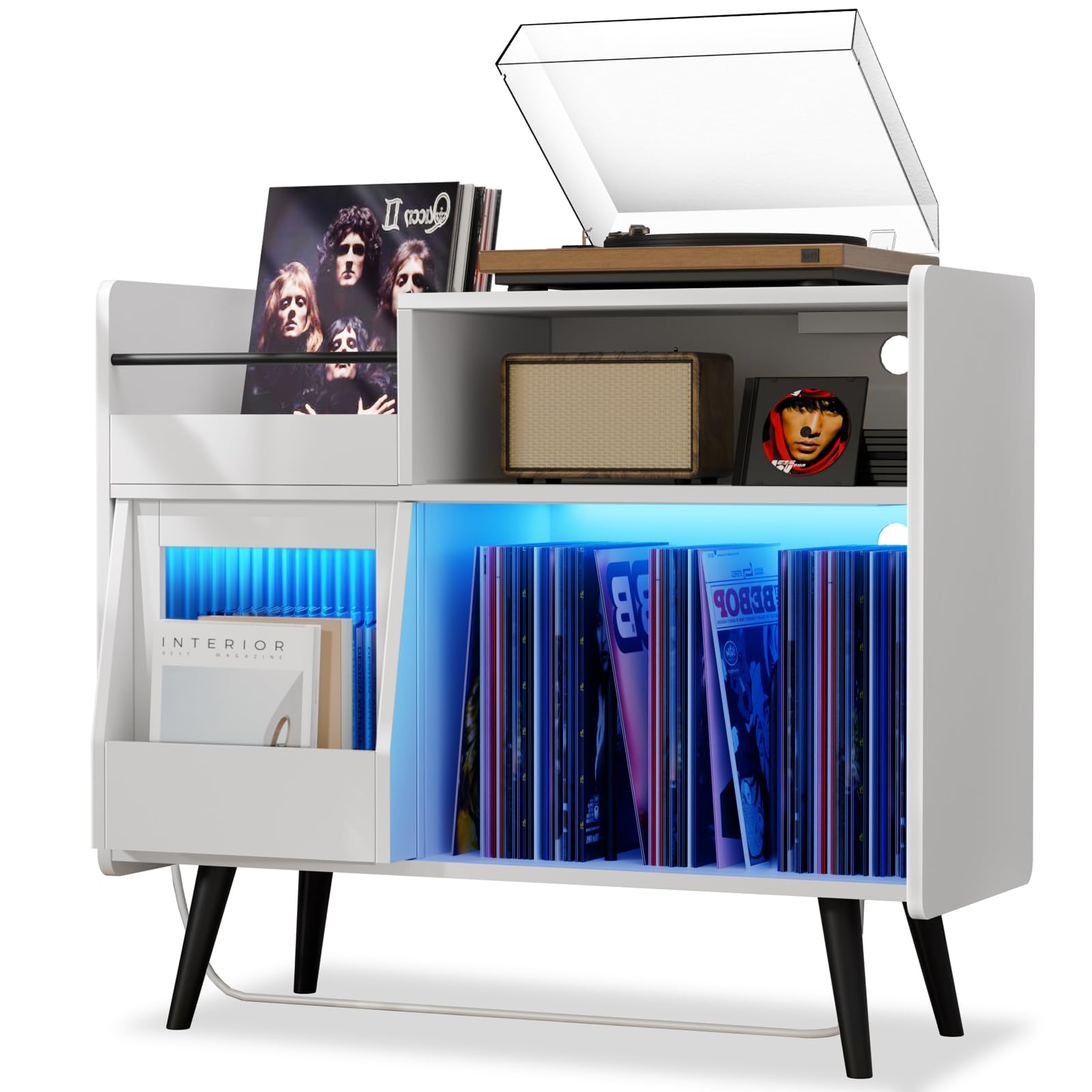 Large White Record Player Stand with Sliding Door,350 Vinyl Record Storage Cabinet, Record Player Table with Power Outlet and LED Light,Turntable Stand with Wood Legs for Living Room,Office