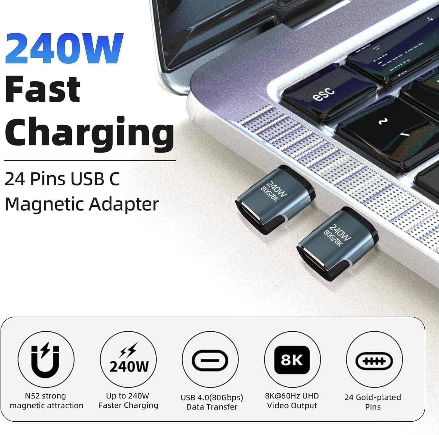 Tobo Upgraded Magnetic USBC to USB C Adapter, 240W PD Fast Charging, Thunderbolt 4 Type-C 4.0 Extender, 80Gpgs, 24 Pin, for Laptop, Book Pro Air USB C Extender (TD-1555CC) — Amazon image 6