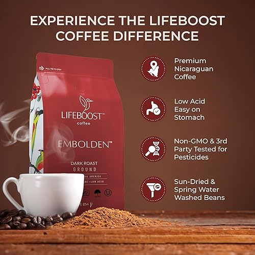 Miniatura 6 de LIFEBOOST - Café tostado oscuro molido, sin OMG, baja acidez, certificado como orgánico por el Departamento de Agricultura (USDA), con certificación