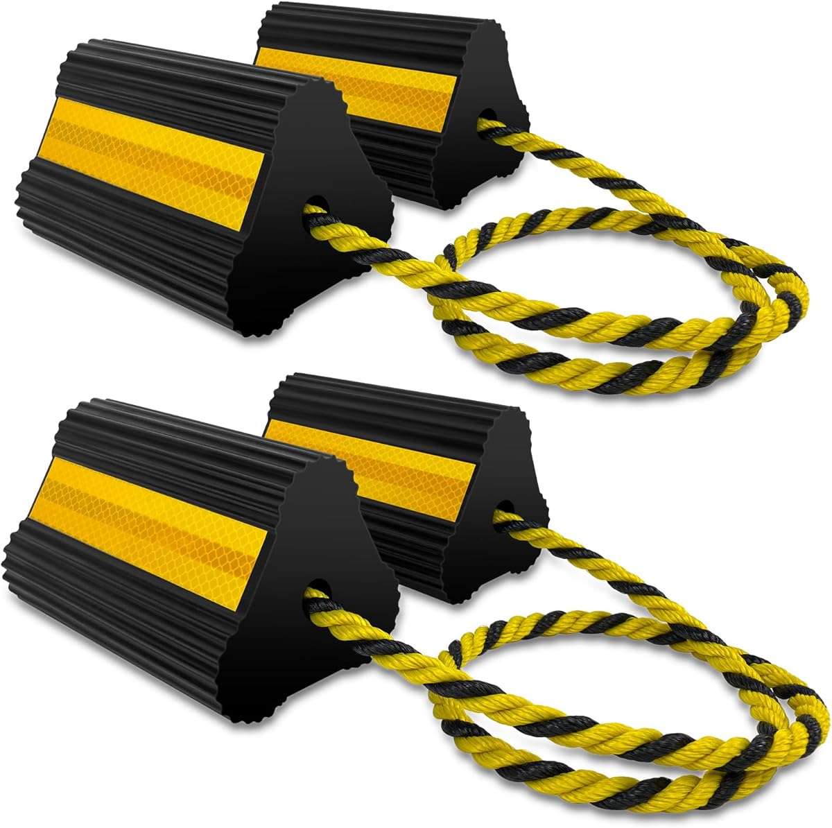 Wheel Chocks (2pair/4pack with Rope) for RV Trailer Camper Truck Car Aircraft, Versatile Heavy Duty Rubber Wheel Chocks Block with 3 Reflective Strips, Tire Wheel Immobilizers & Chocks