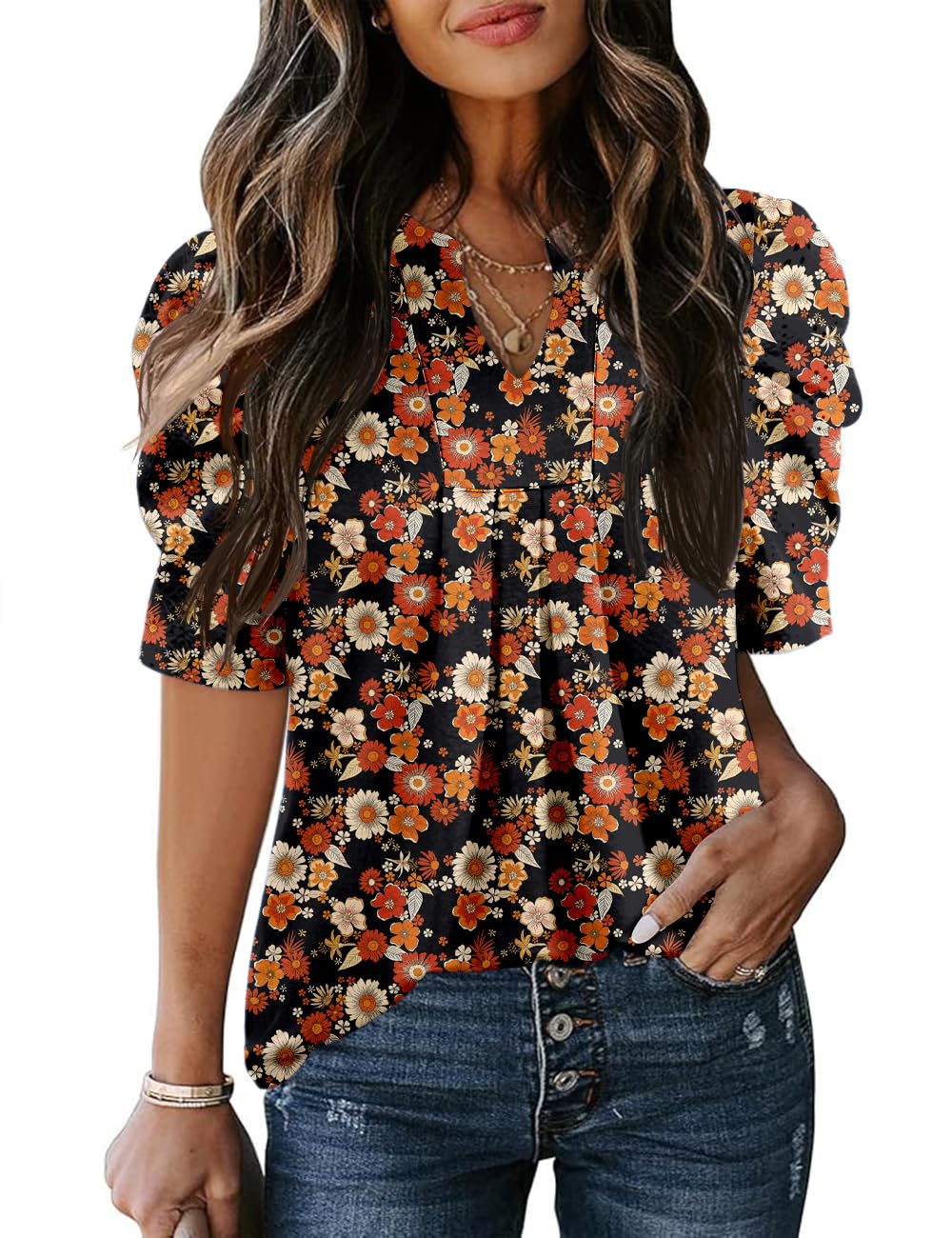 Bashafo Women's Puff Short Sleeve Shirt V Neck Summer Tops Casual Fashion T Shirts Loose Fit Blouses