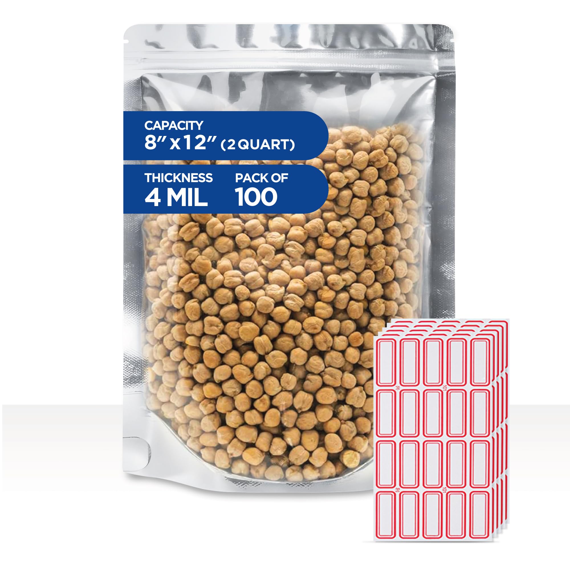 Photo 1 of BELLE KR® Clear Mylar Bag 8"x12" - Pack of 100, 8 Mil Thick - 2 Quart Stand Up See Through Mylar Bags for Food Storage with Label Stickers