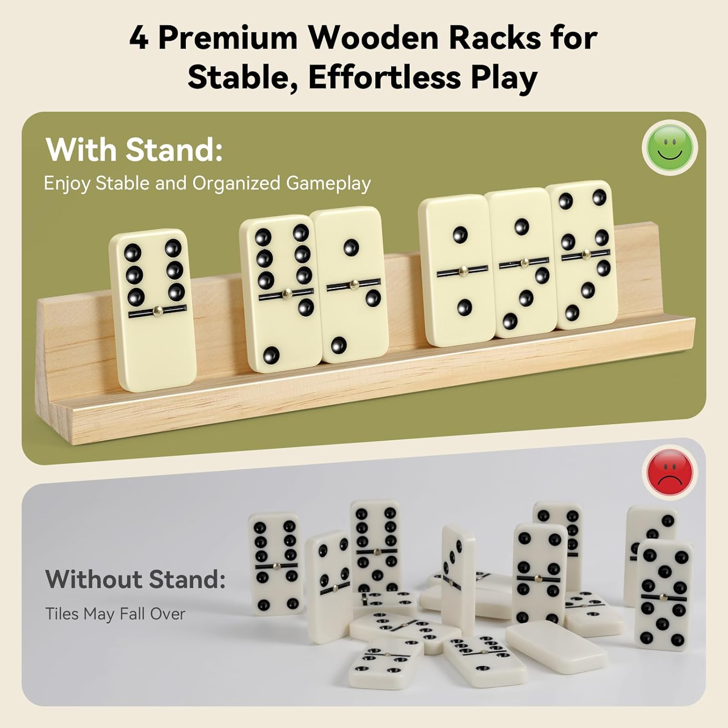 BATURU Jumbo Double 6 Dominos Set for Adults, Extra-Thick 28 Large Tiles with 4 Wooden Racks, Portable Travel Case, Premium Dominoes Set for Adults, Kids, Classic Family Game Night & Party Games