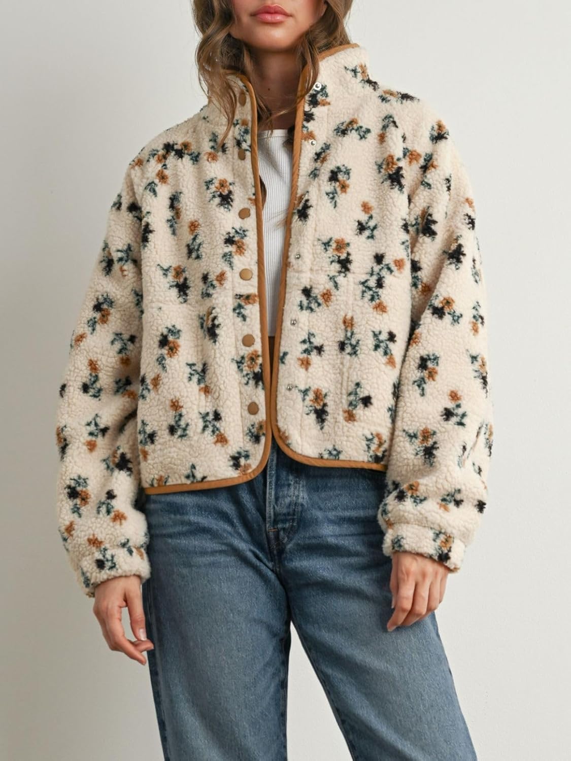 Womens Floral Print Fluffy Fleece Jacket Snap Button Winter Teddy Fleece Jacket Casual Faux Fur Outwear - Image 4