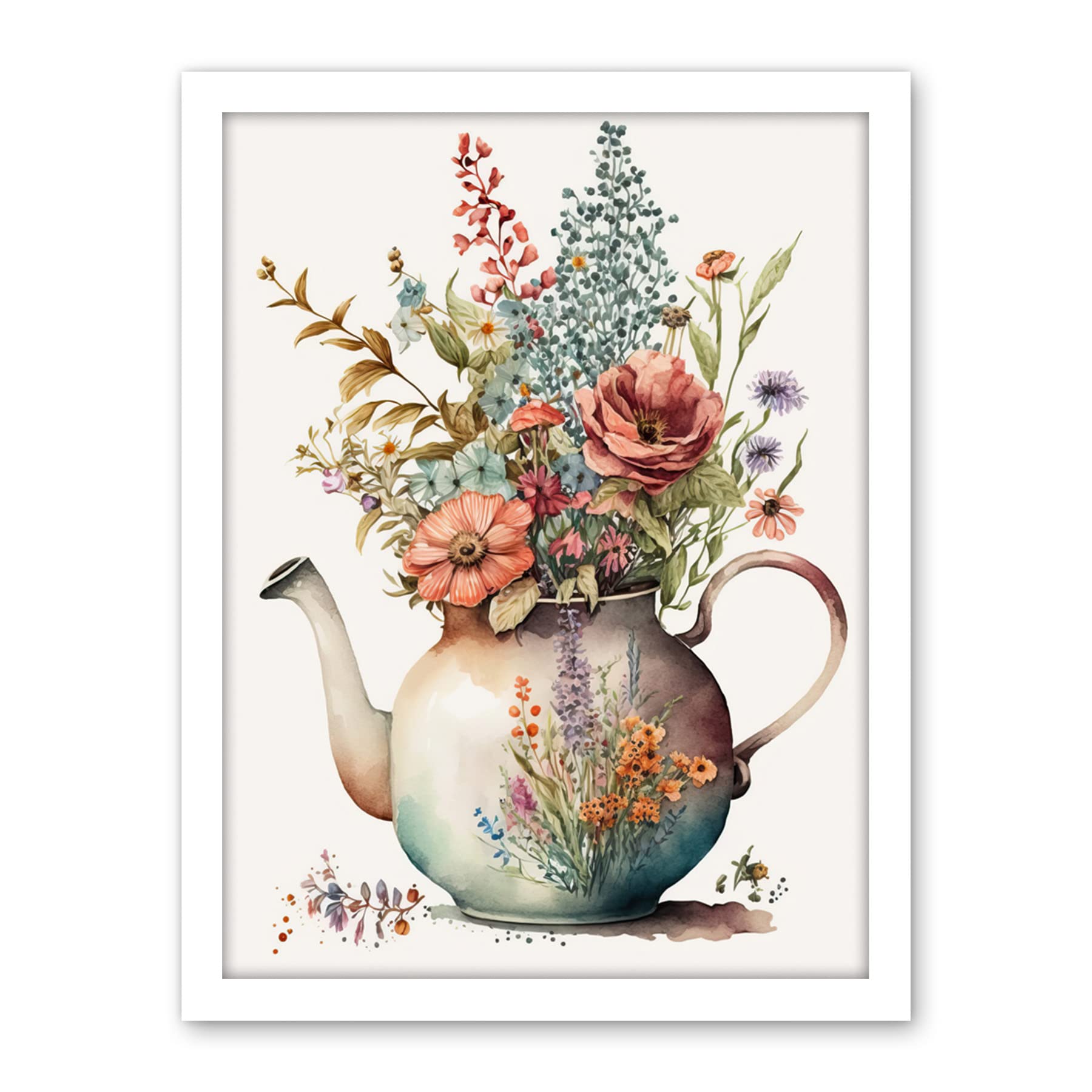 Artery8 Flower Bouquet in a Floral Design Ceramic Teapot Artwork Framed Wall Art Print 18X24 Inch