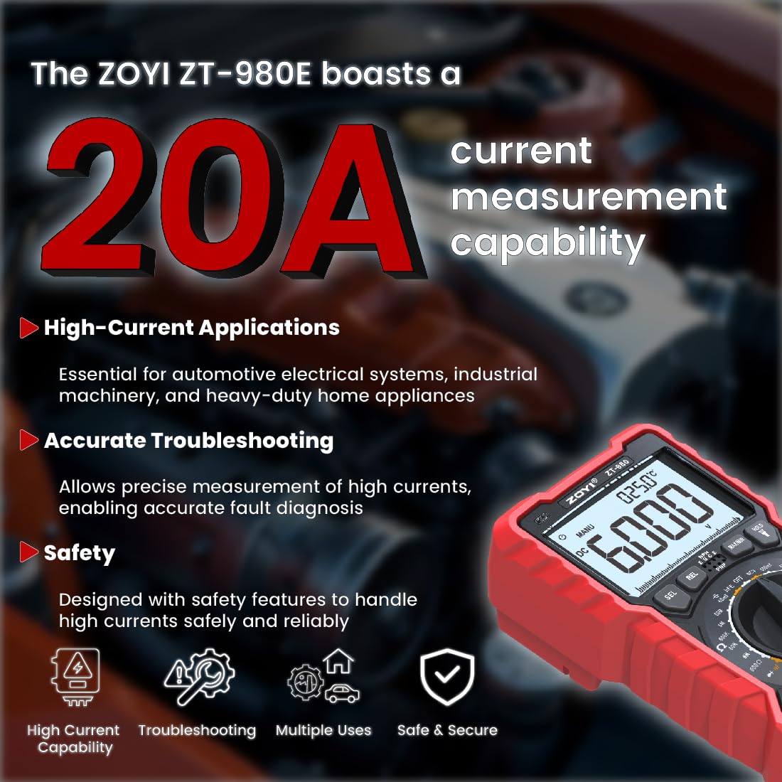 ZOYI ZT-980E Digital Multimeter Transistor Tester 20A, 6000-Count, True RMS Manual Range, V.F.C (LPF), hFE Test, NCV - Image 4