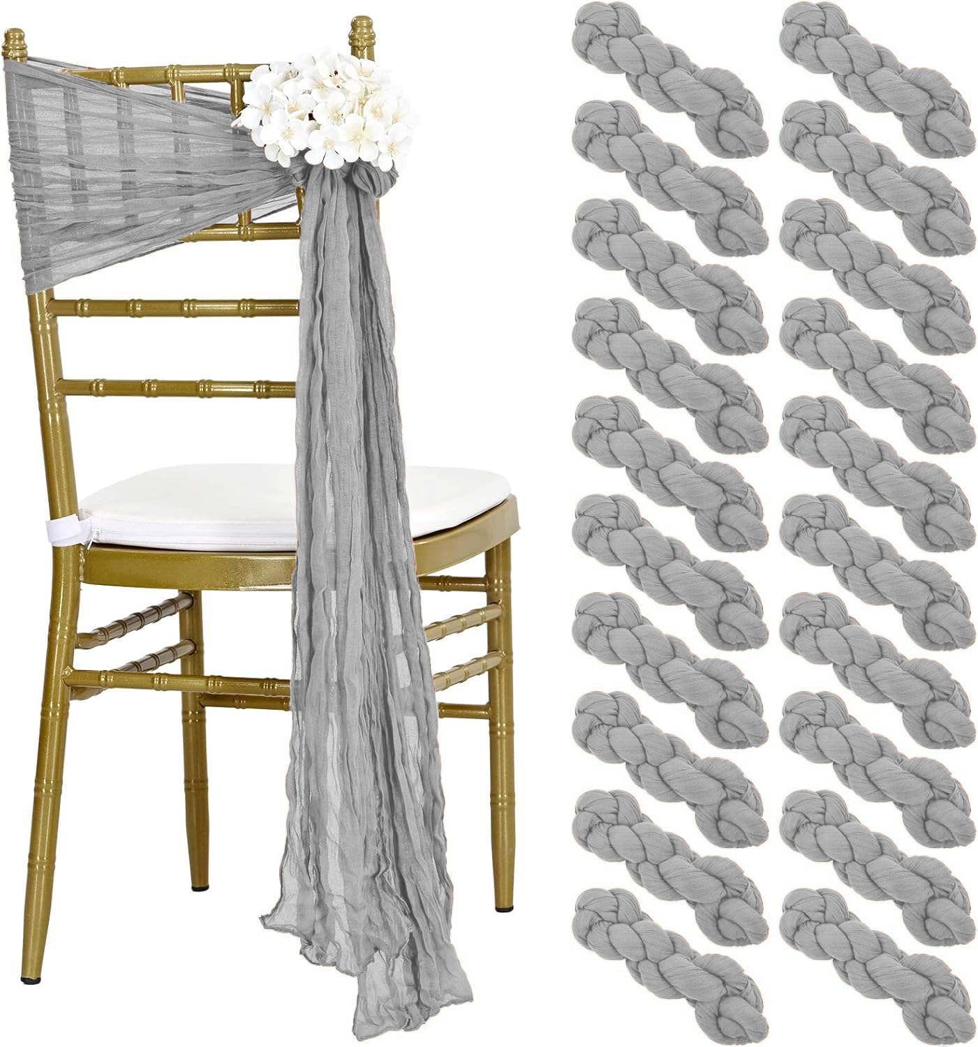 MDS Christmas Cheesecloth Chair Sashes 17x70 Inch - Pack of 10 - Rustic Gauze Chair Bows for New Year Holiday Party, Harvest Dinner, Thanksgiving, Wedding, Banquet Farmhouse Home Décor - Light Silver